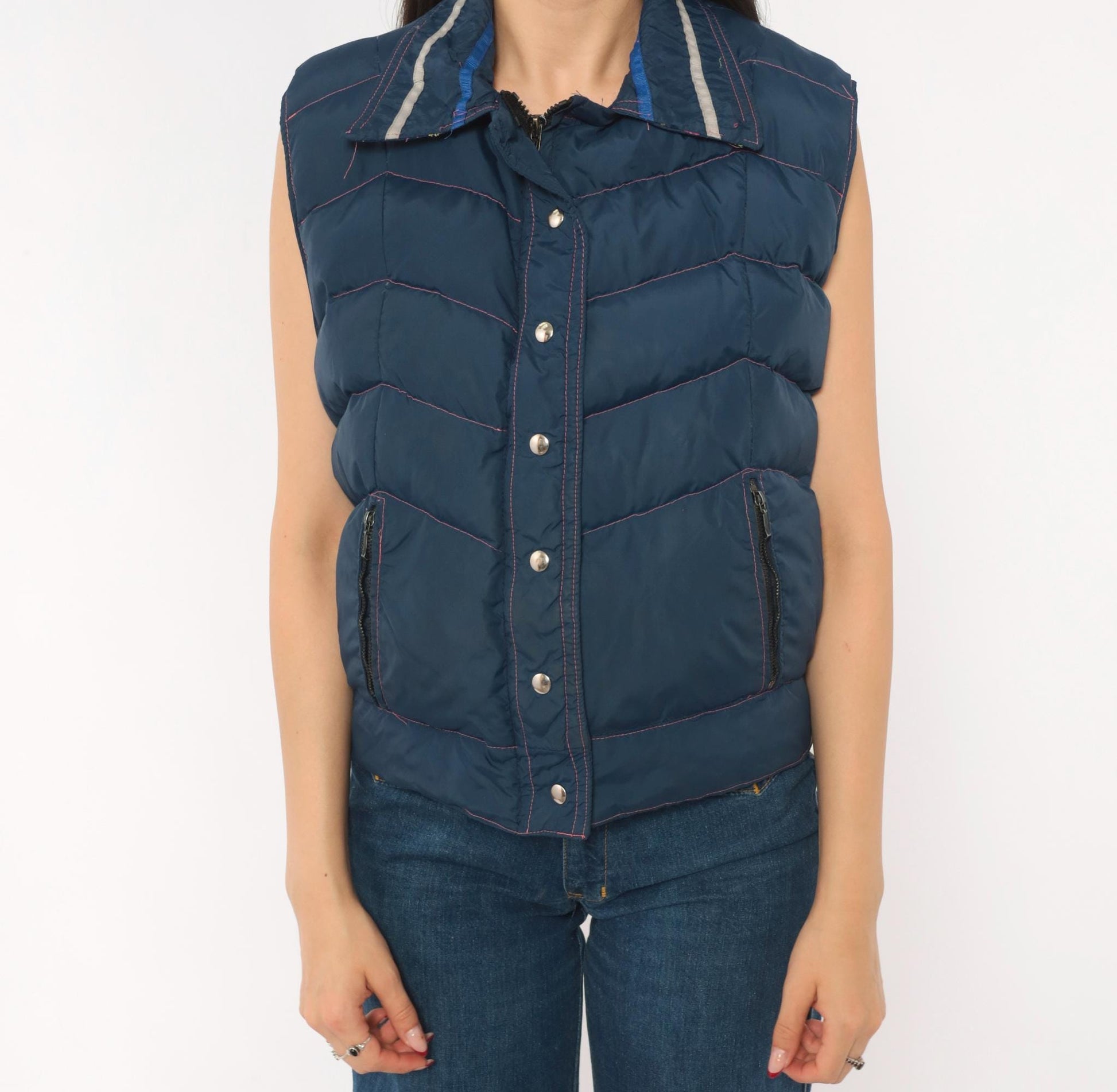 80s Frostline Kit Navy Puffer Vest Chevron Quilted Snap Front Small