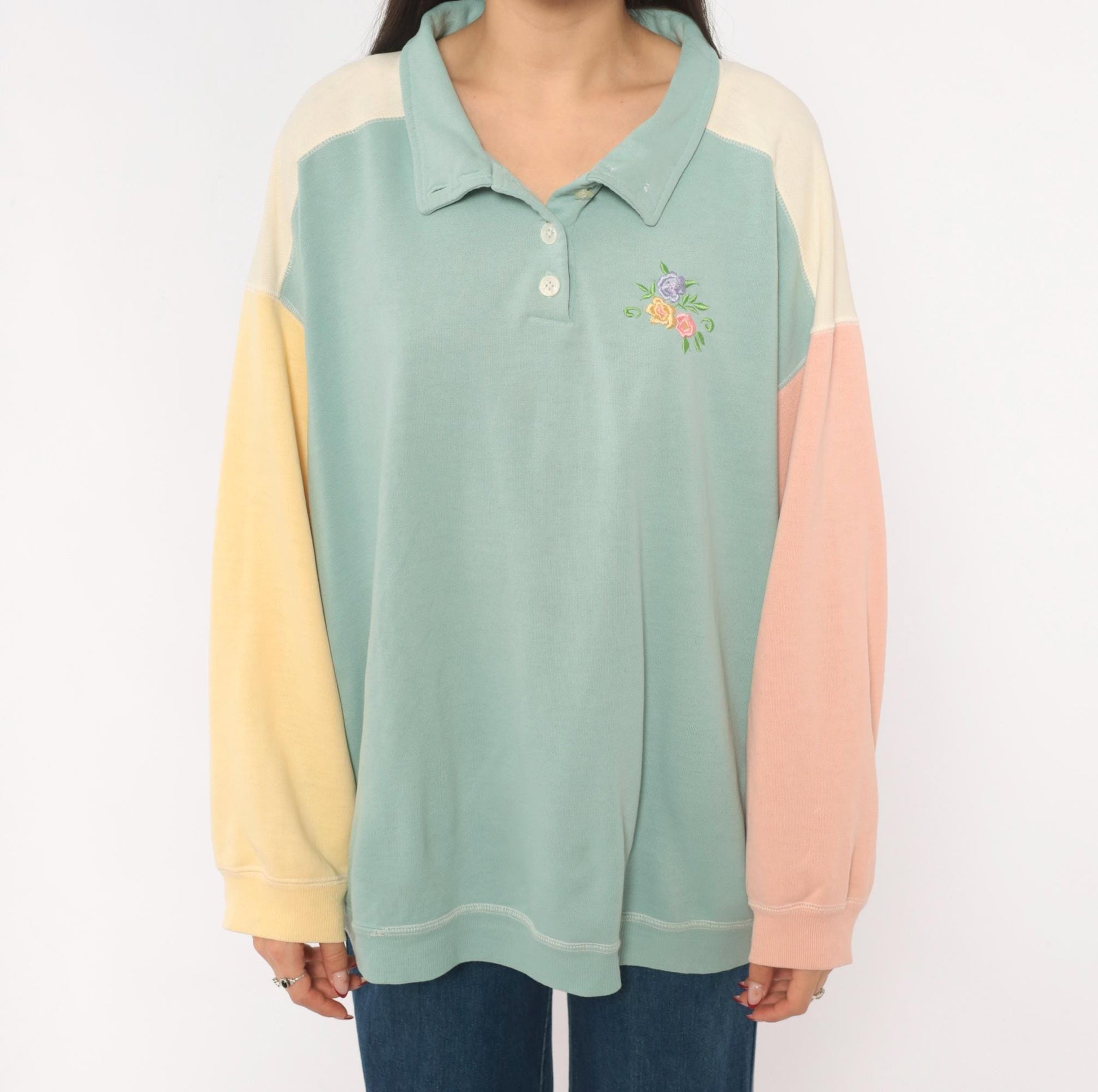 80s Ys Casuals Pastel Color Block Polo Sweatshirt Floral Embroidered Extra Large XL
