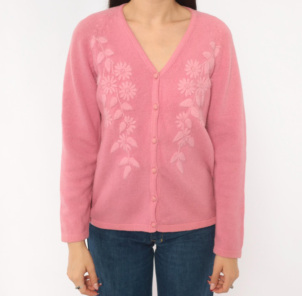 80s NKKC Rose Pink Lambswool Cardigan Floral Embroidered V-Neck Medium M