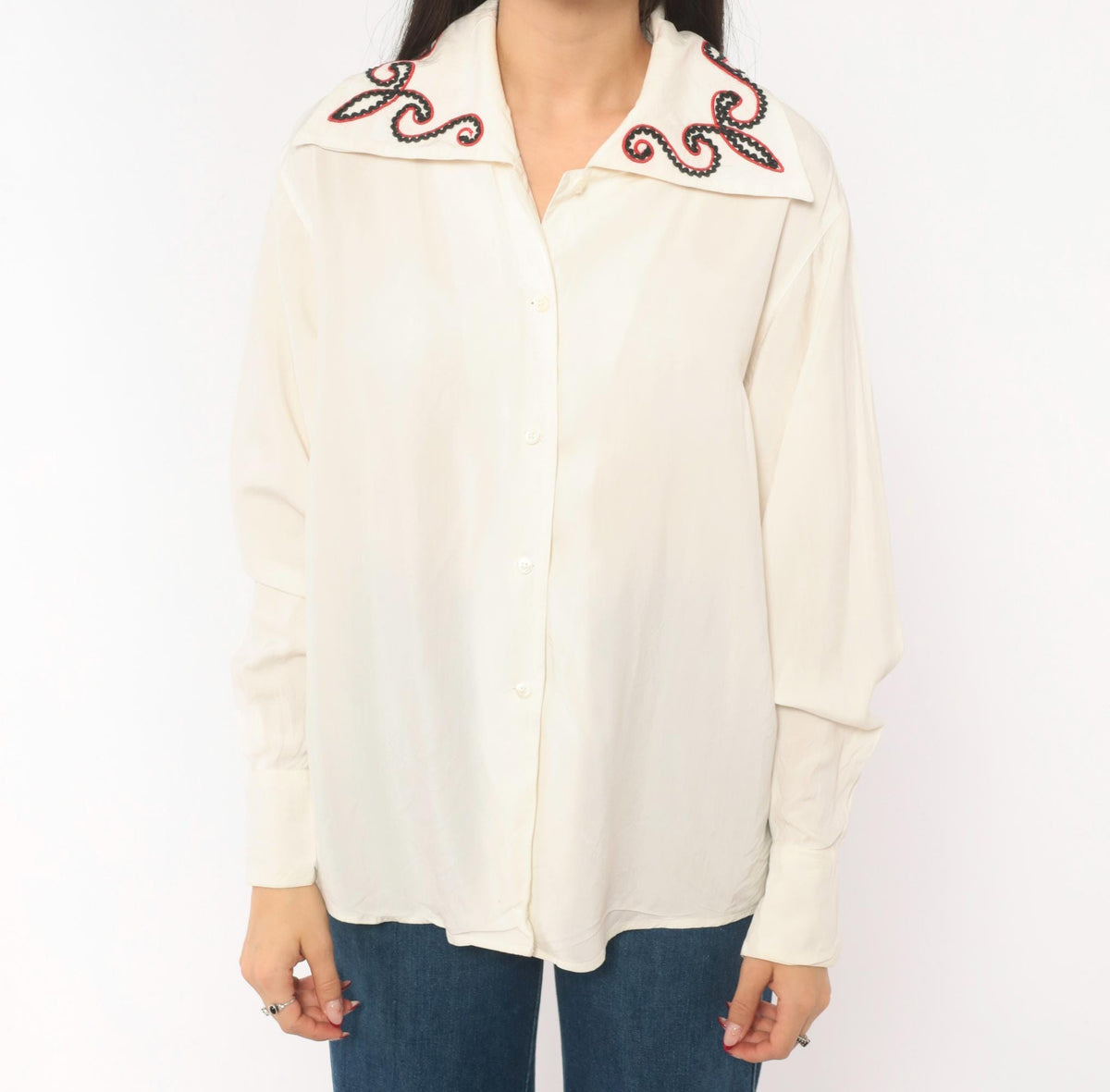 80s Bellows Brut Cream Western Blouse Red Black Embroidered Collar Medium M