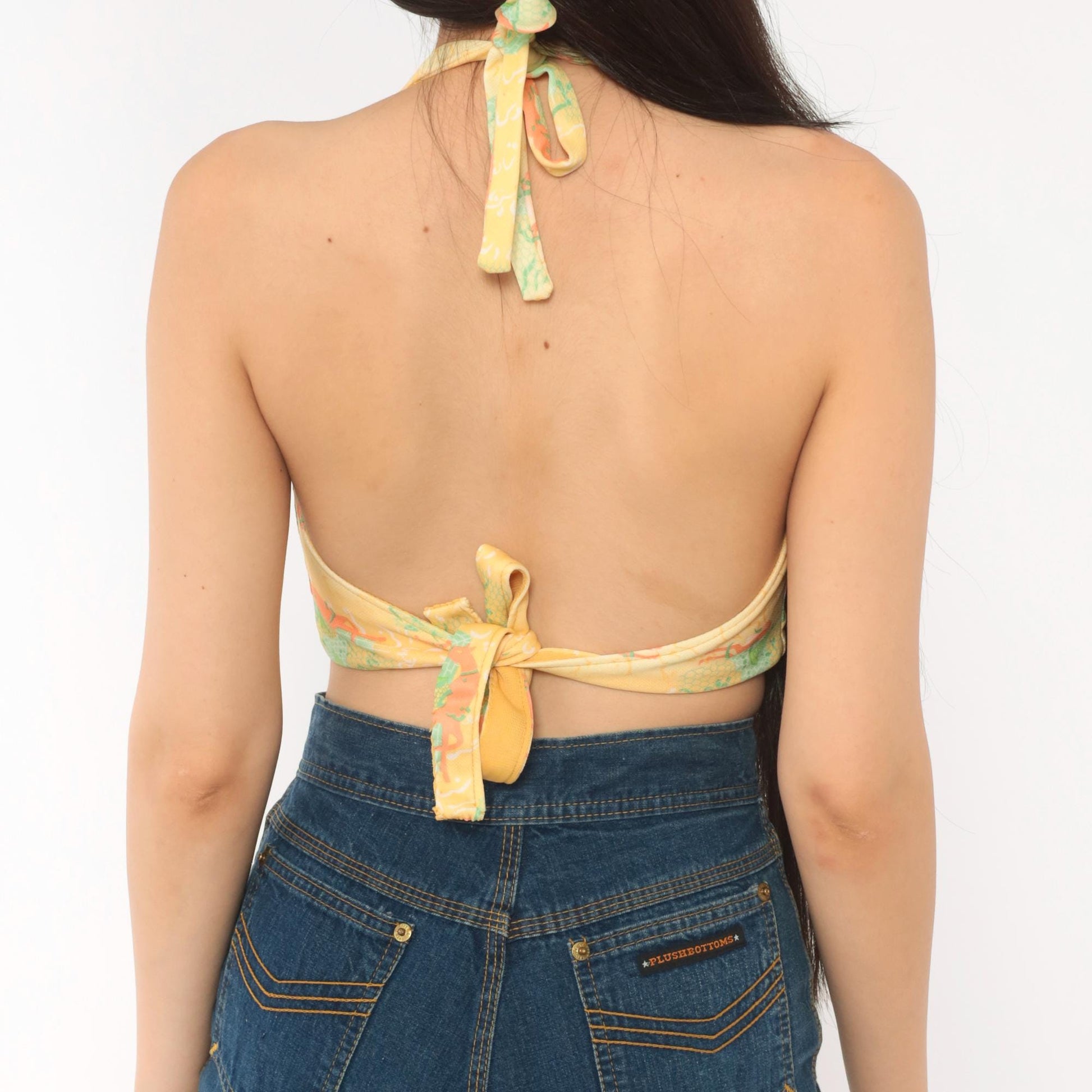 70s Yellow Floral Halter Crop Top Backless Tie Blouse Small
