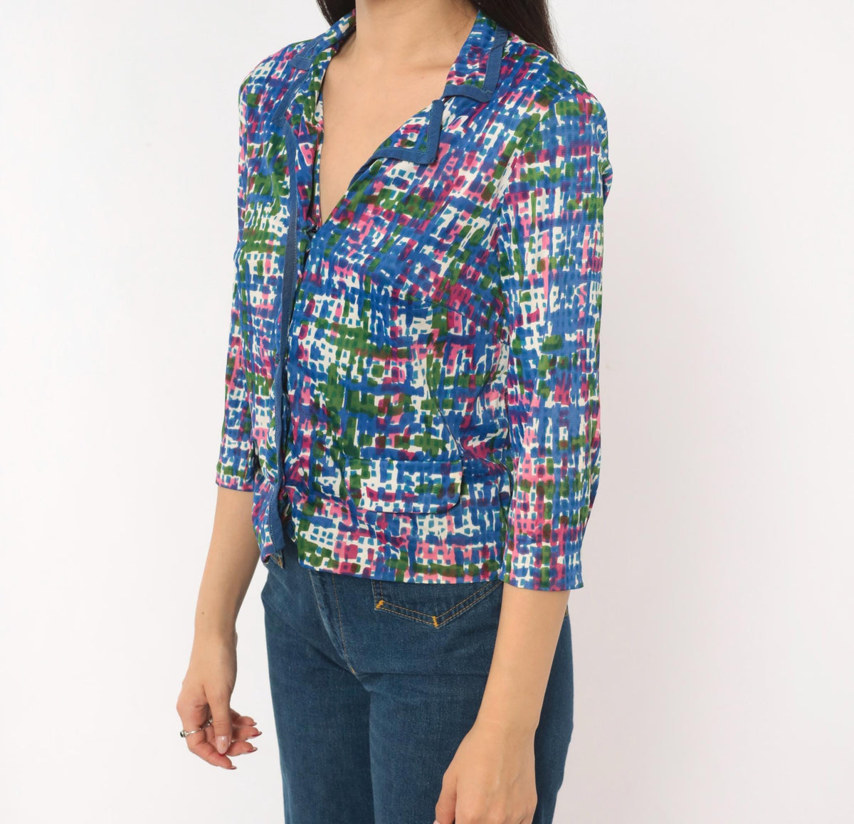 70s Puritan Forever Yours Abstract Crosshatch Blouse Blue Pink Green Small