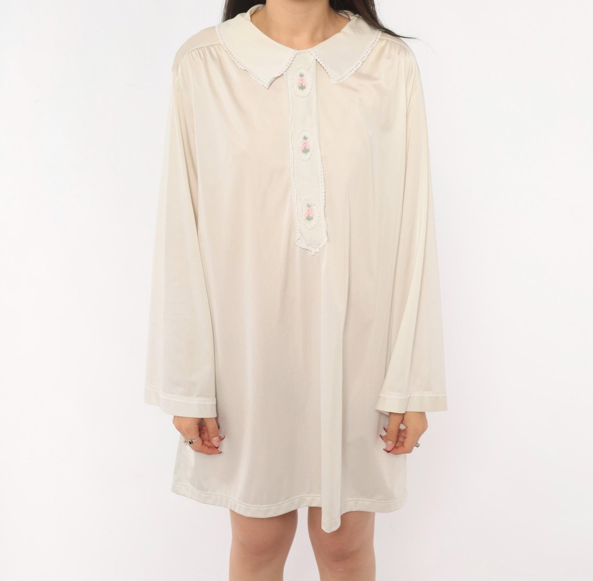 80s Embroidered Floral Nightgown Cream Peter Pan Collar Lace Trim Large L