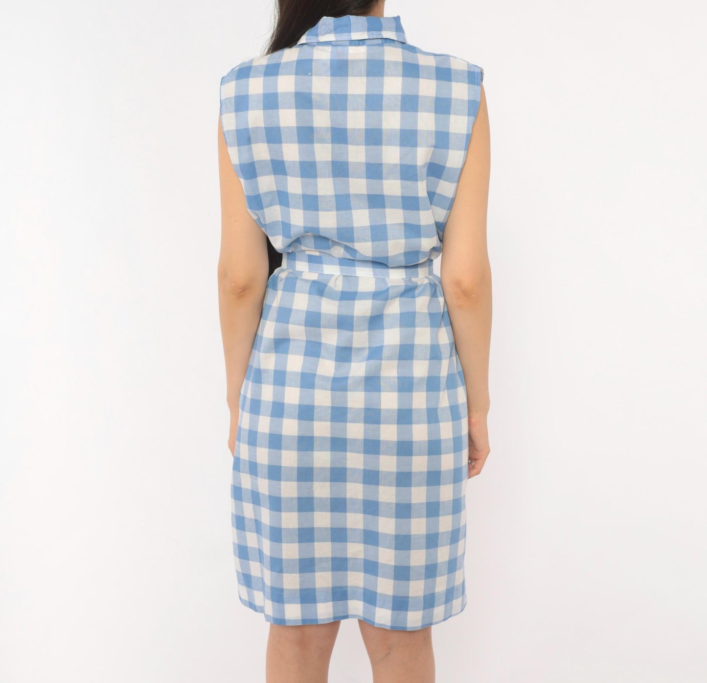 60s Laura Mae Life Gingham Shirt Dress Blue White Check Knee-Length Cotton Medium M