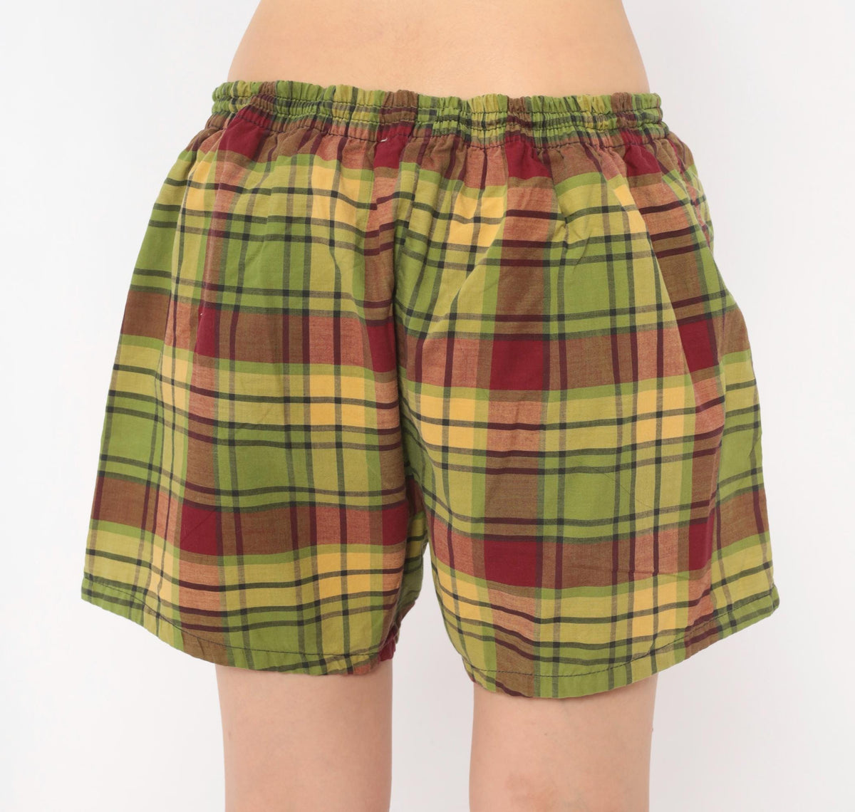 70s Plaid Swim Shorts Olive Burgundy Tartan Cotton Unisex Medium