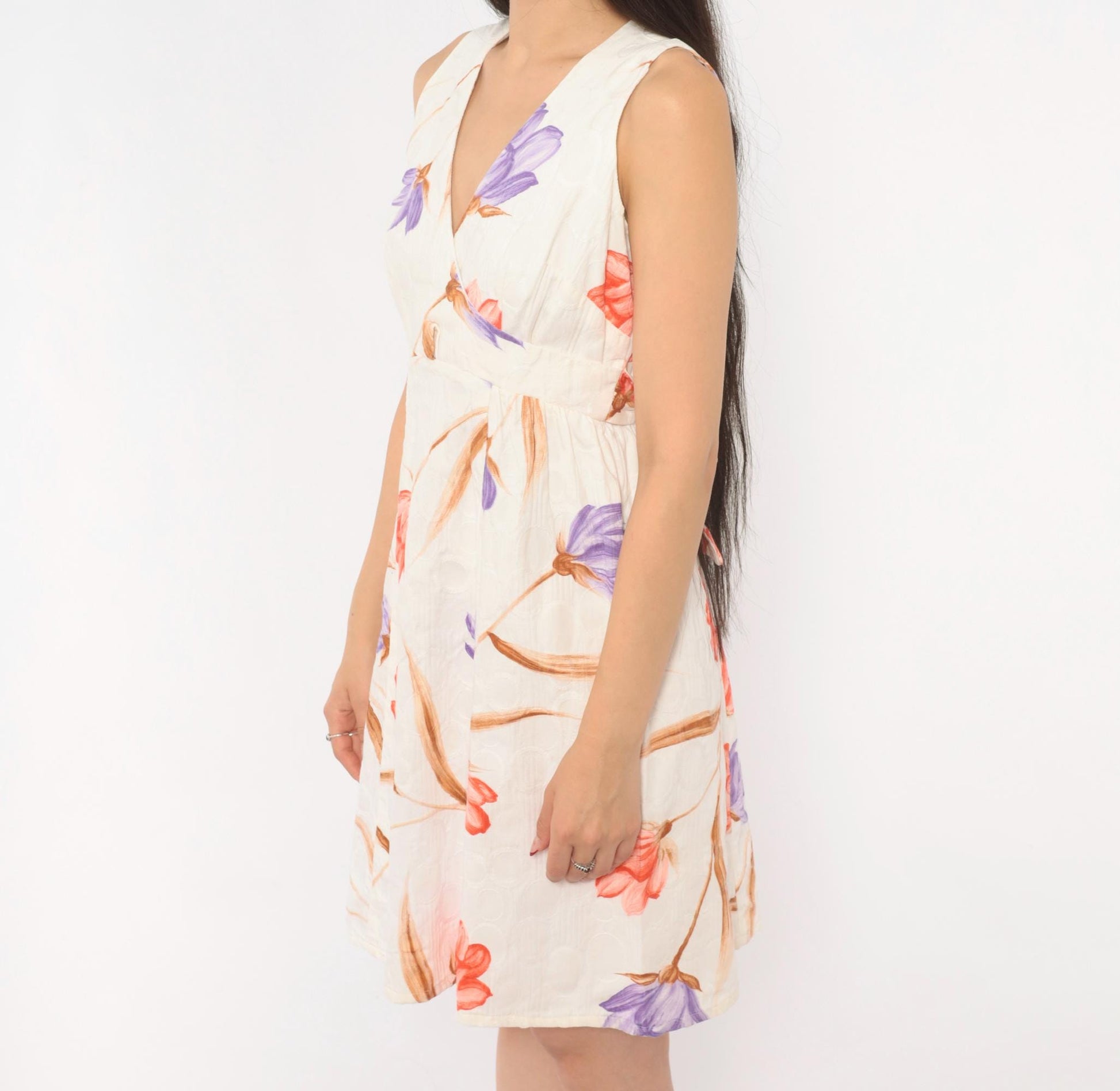 70s Tori Richard Floral Cotton Mini Dress V-Neck Wrap Ivory Small S