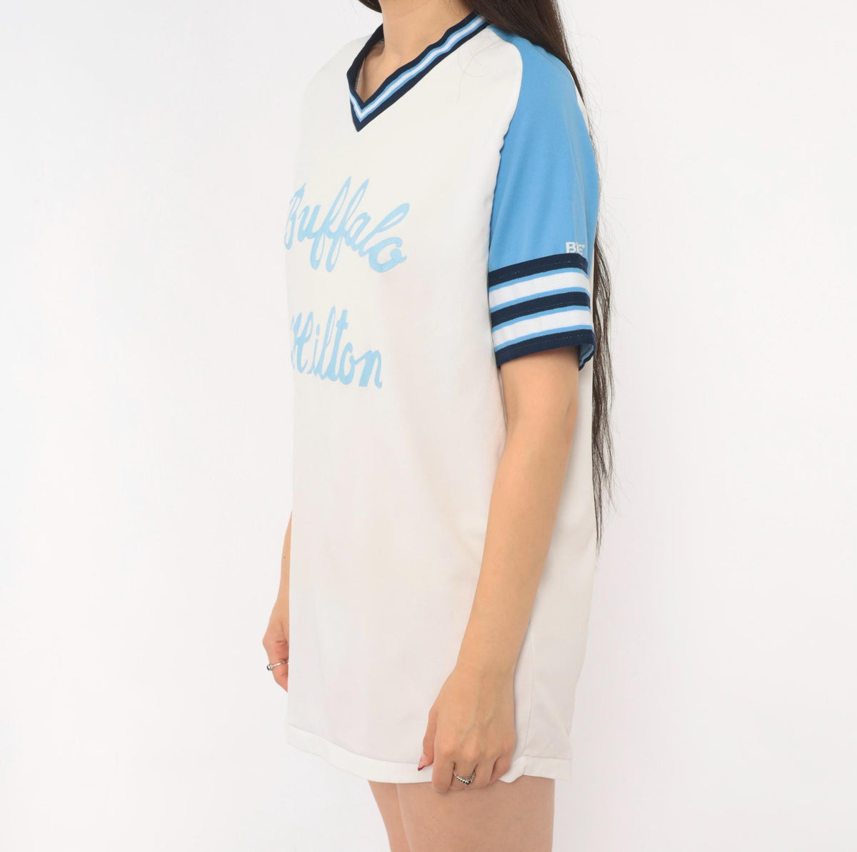 80s Bike Baseball Jersey White Sky Blue Raglan Striped V-Neck Medium