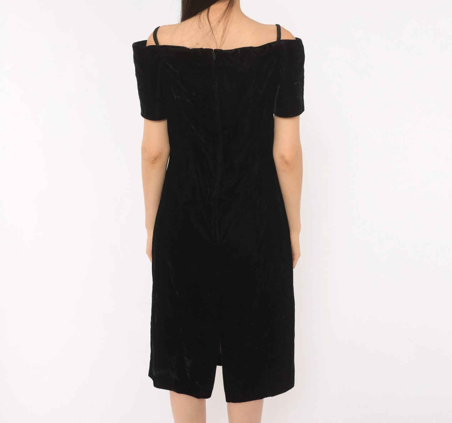 90s Black Velvet Off-Shoulder Dress V-Neck Spaghetti Strap Knee Length Medium M