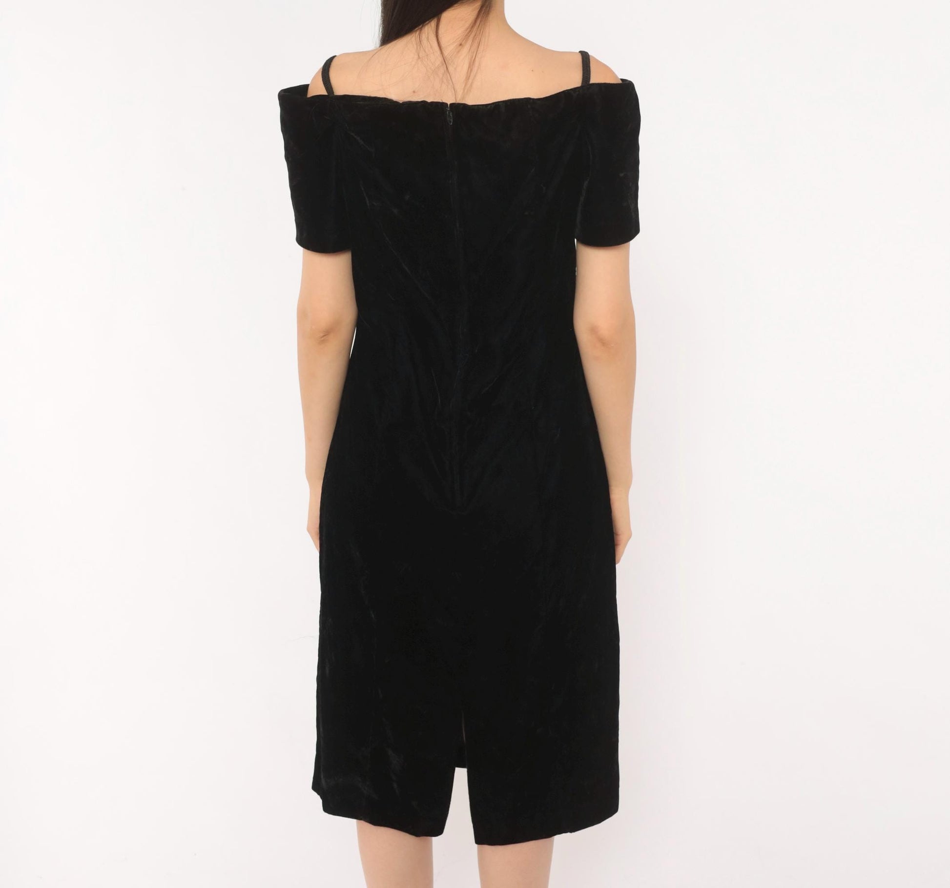 90s Black Velvet Off-Shoulder Dress V-Neck Spaghetti Strap Knee Length Medium M
