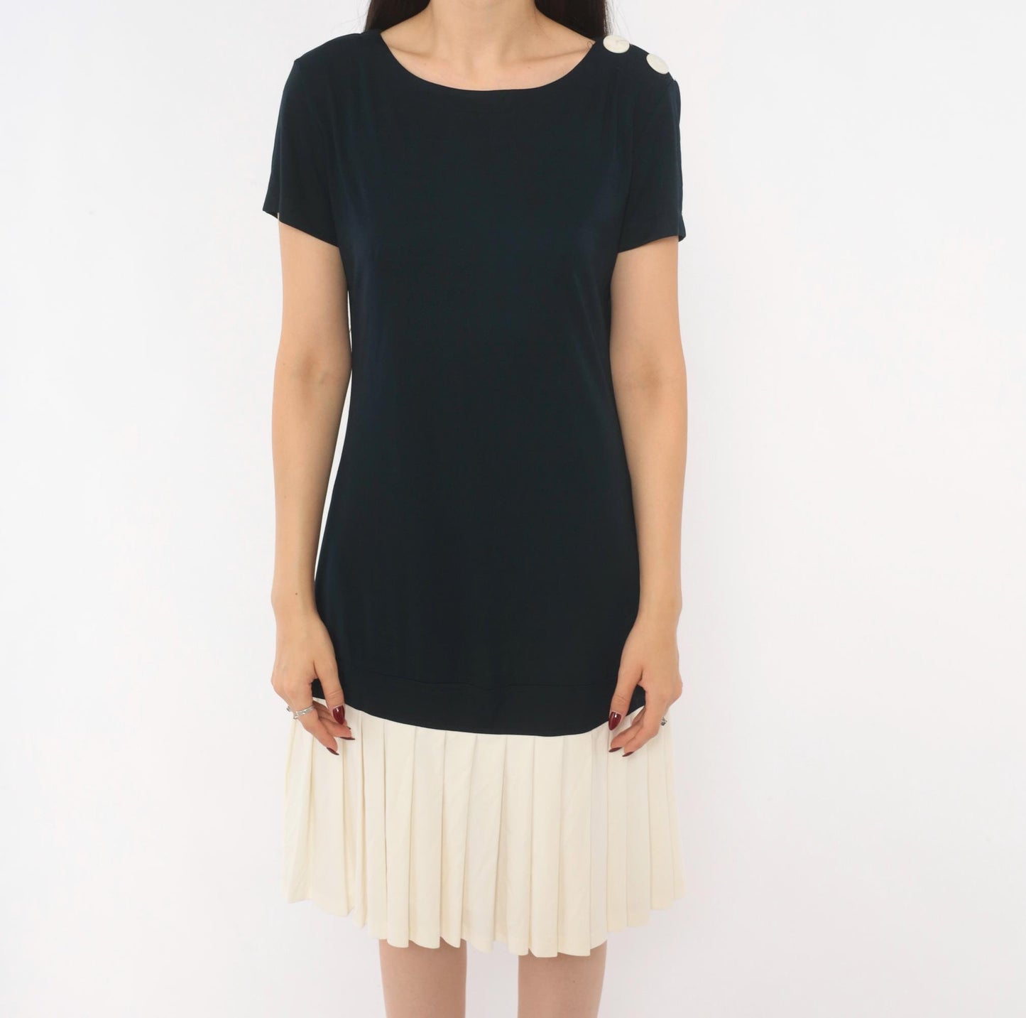 90s Robbie Bee Drop Waist Dress Navy Cream Pleated Colorblock Small