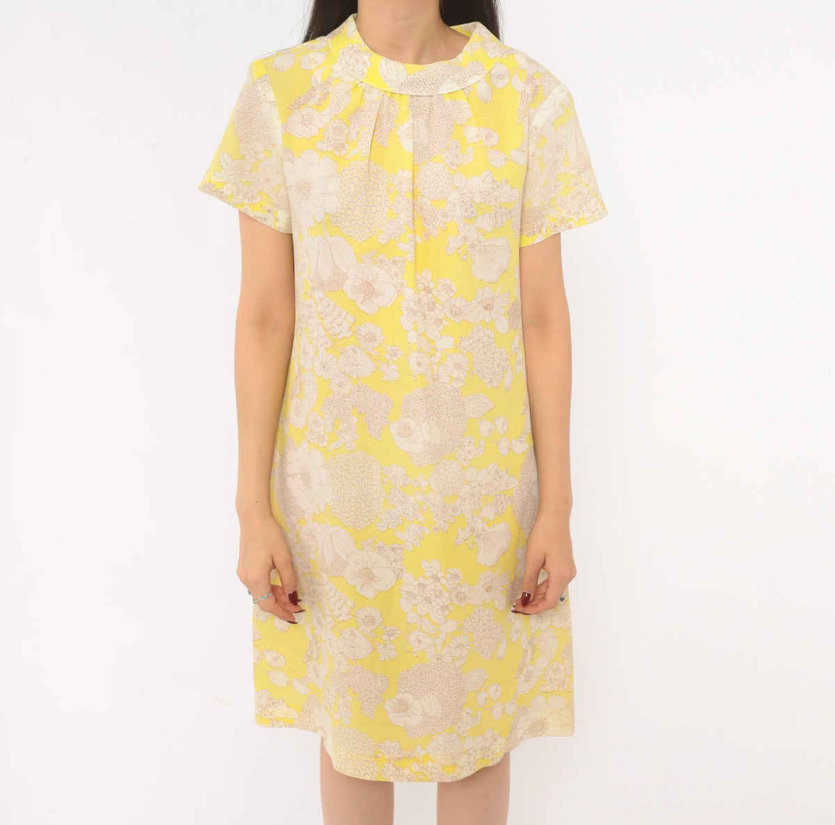 60s Yellow Floral Shift Dress Peter Pan Collar A-Line Knee Length Large L