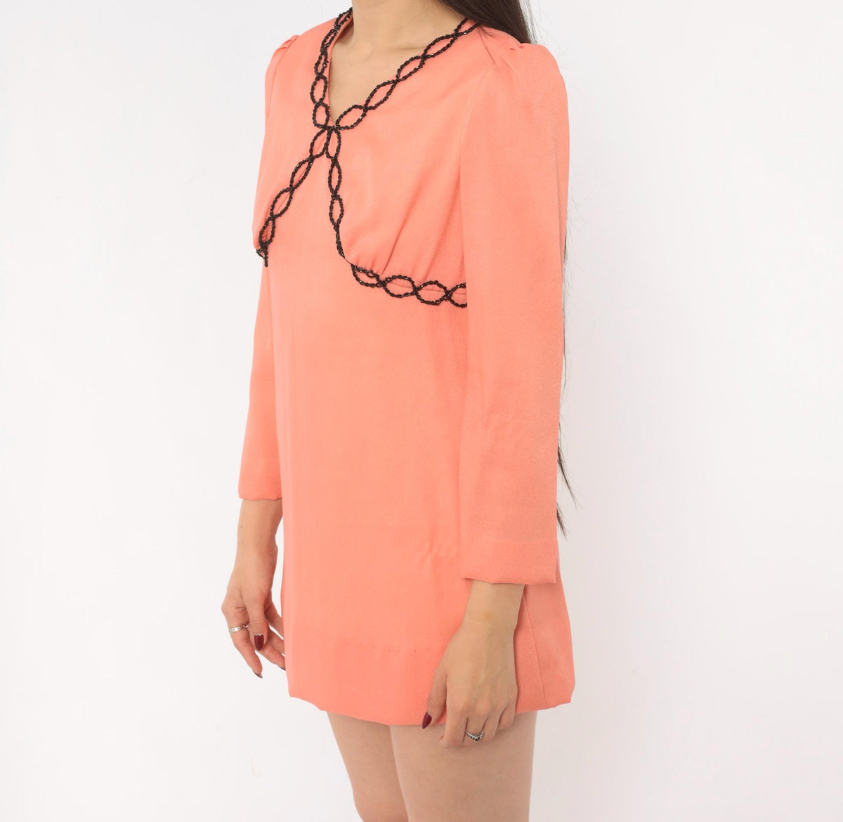 70s Peach Mini Dress Puff Sleeve V Neck Empire Waist Black Beaded Chain Small
