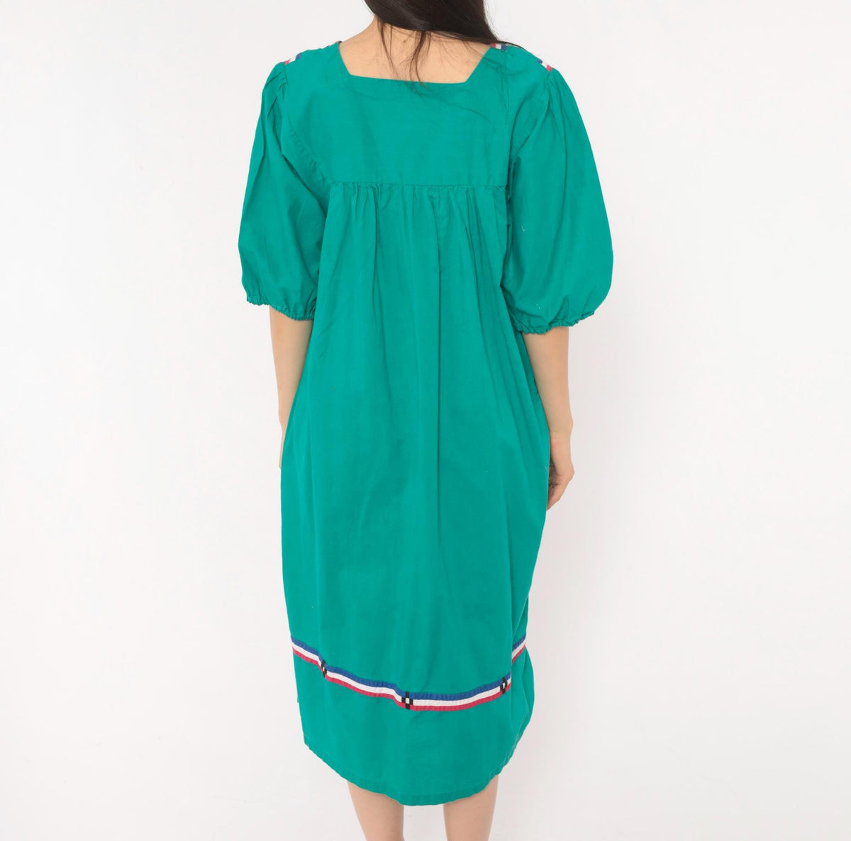 80s Naqui Teal Cotton Dress Embroidered Floral Yoke Puff Sleeve Small S