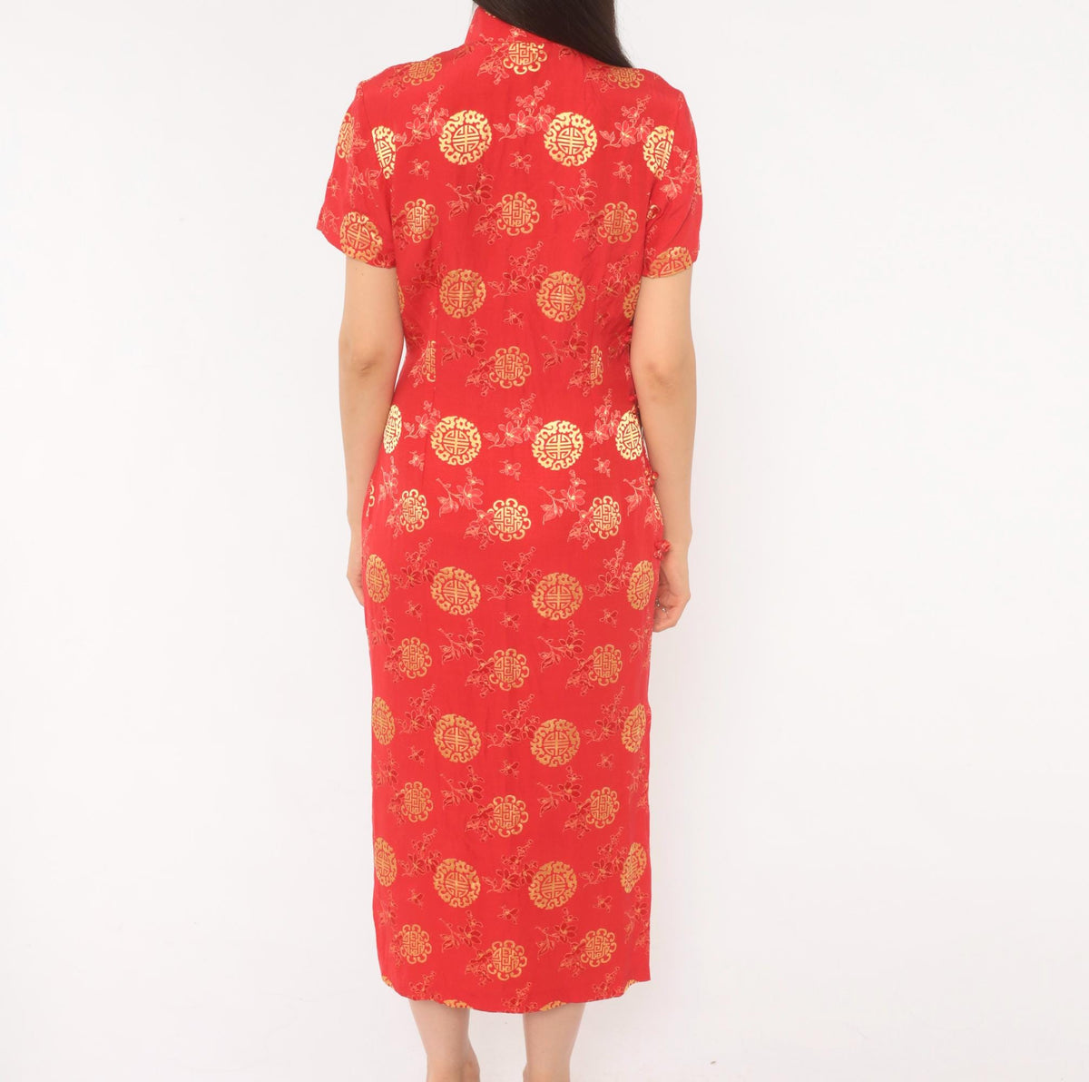 80s Red Gold Cheongsam Midi Dress Mandarin Collar Frog Button Small