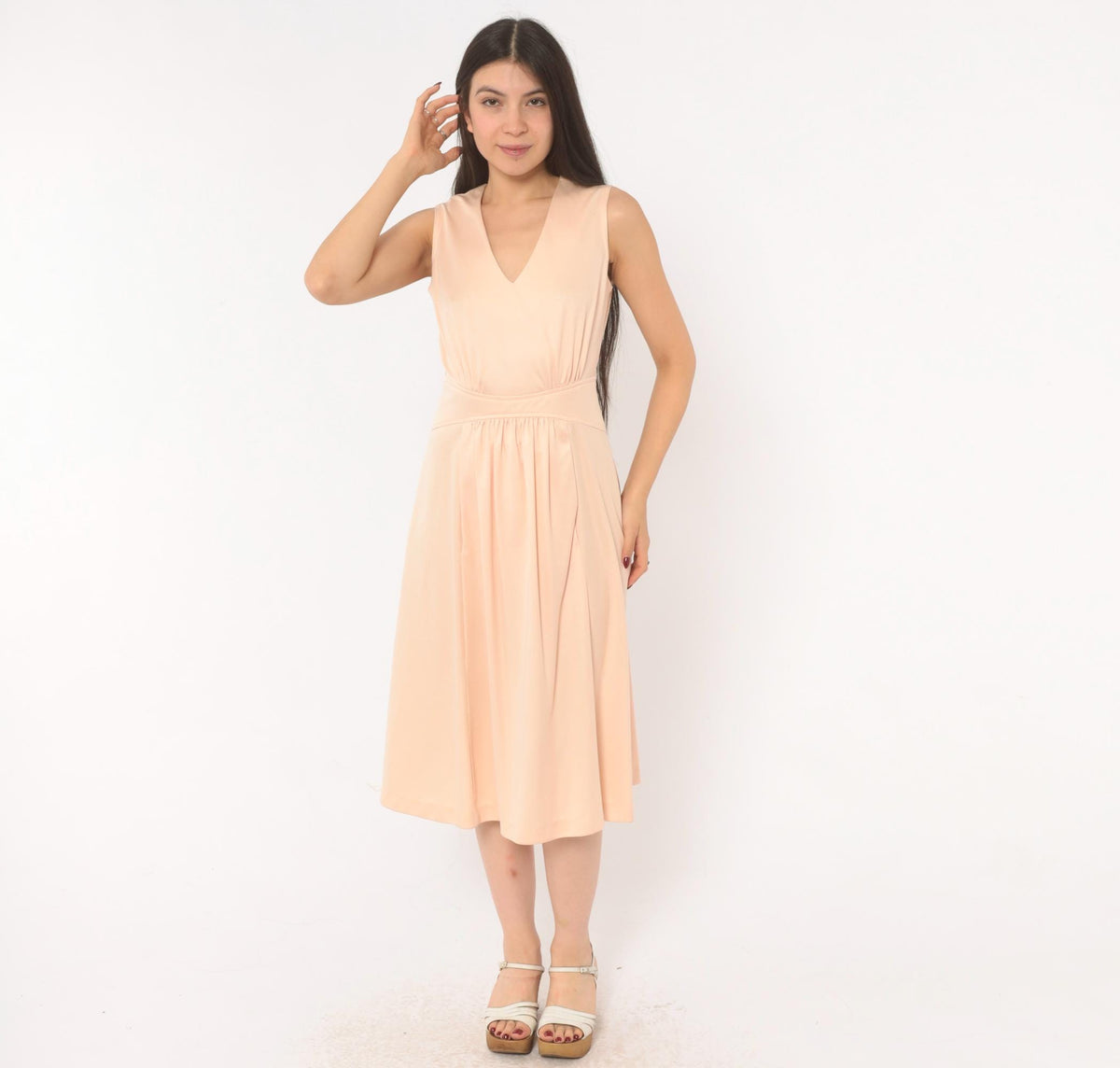 70s Plaza South Peach V-Neck Sundress Pleated Flare Midi Small