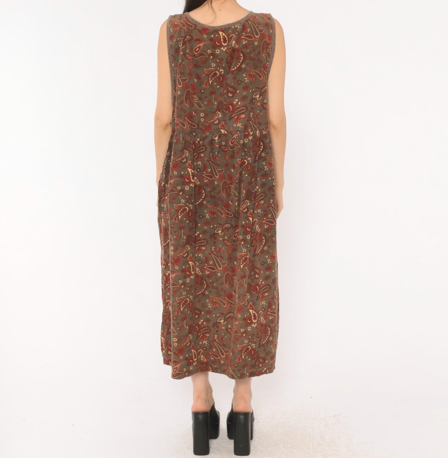 90s Erika Paisley Corduroy Jumper Dress Olive Maxi Pleated Skirt Extra Large XXL