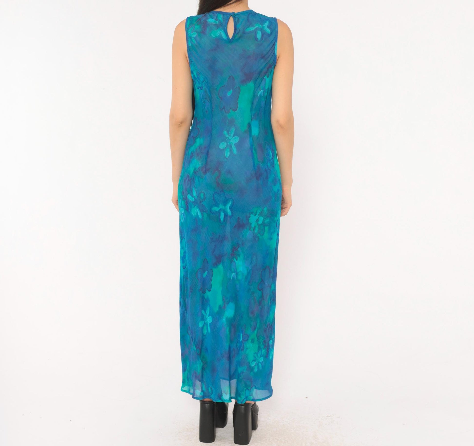 90s Mica Floral Maxi Dress Blue Teal Watercolor Chiffon Sleeveless Small S