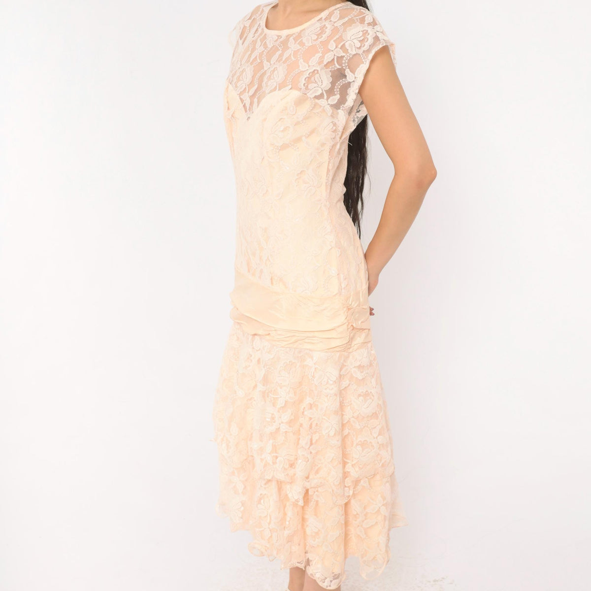 80s Peach Lace Midi Dress Drop Waist Sweetheart Neckline Cap Sleeve Small S