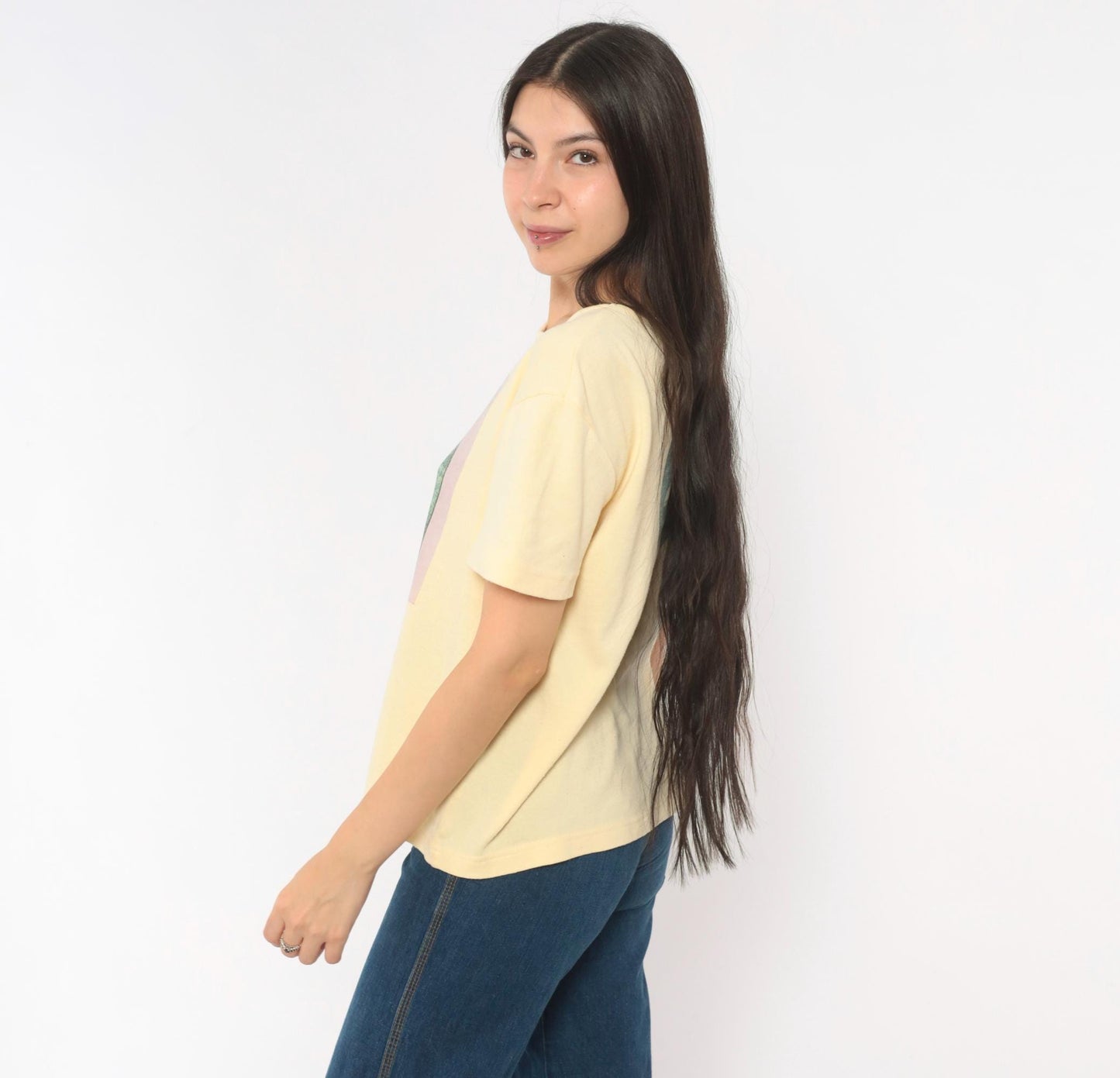 90s Basic Editions Panda Photo Print Tee Butter Yellow Heart Graphic Small