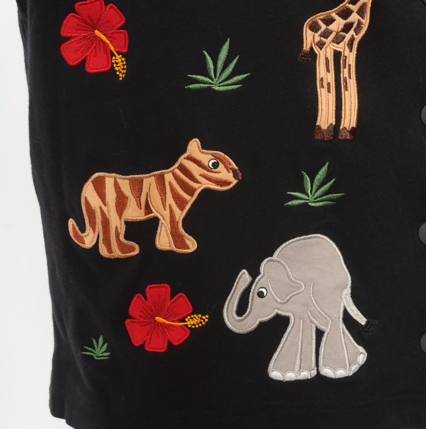 90s Bechamel Safari Animal Applique Cardigan Black Cotton Button Front Large L