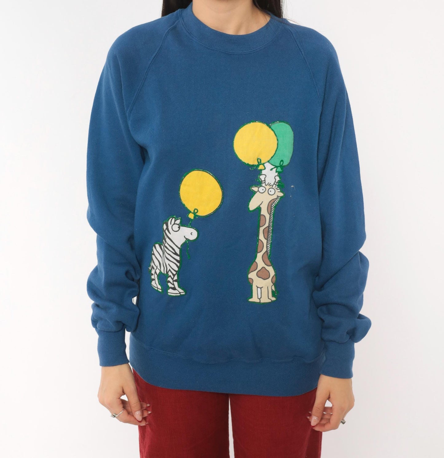 90s Jerzees Zebra Giraffe Balloon Sweatshirt Blue Raglan Applique Cotton Large