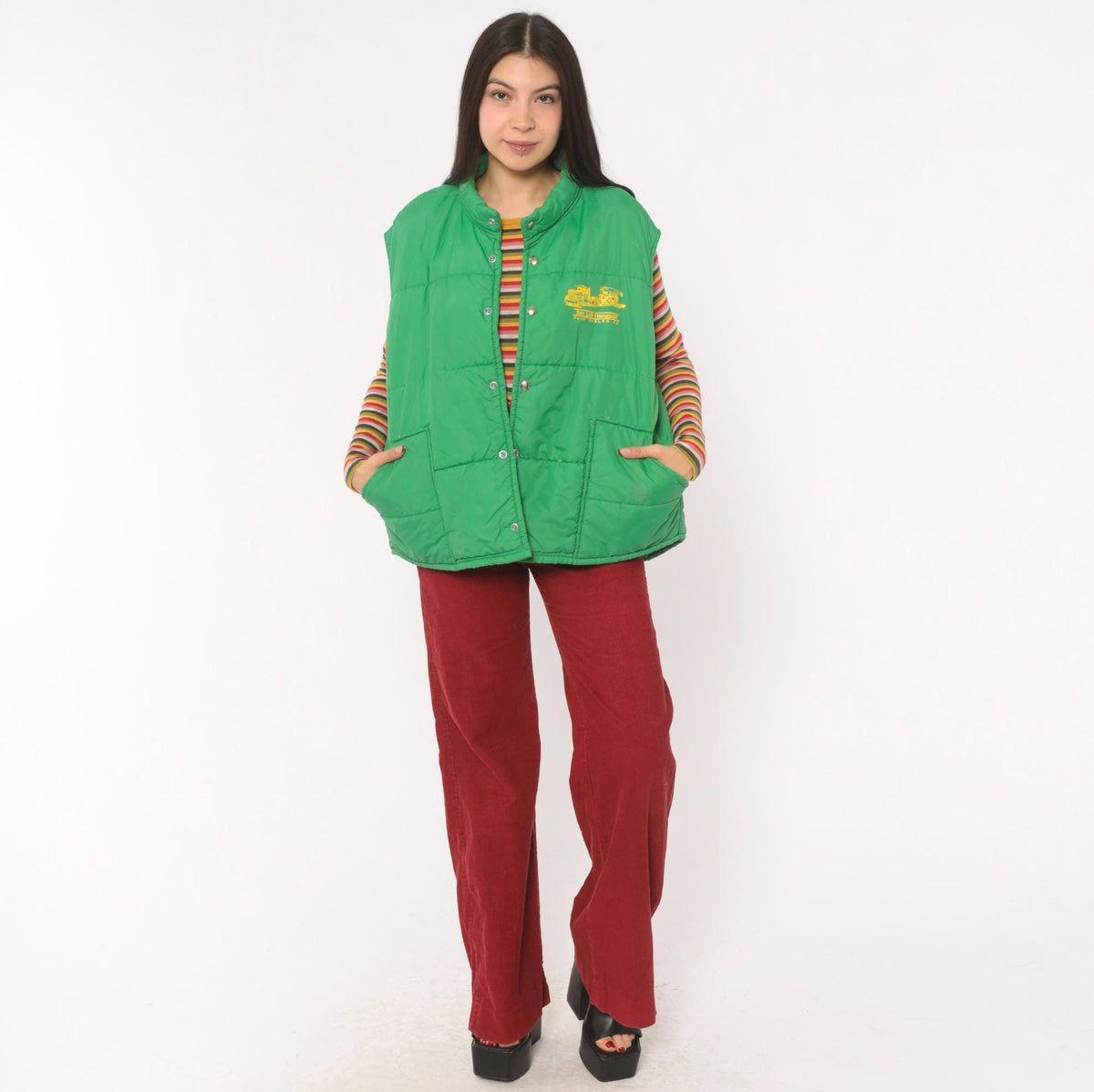 80s Green Puffer Vest San Luis Transport Graphic Snap Front Quilted Medium