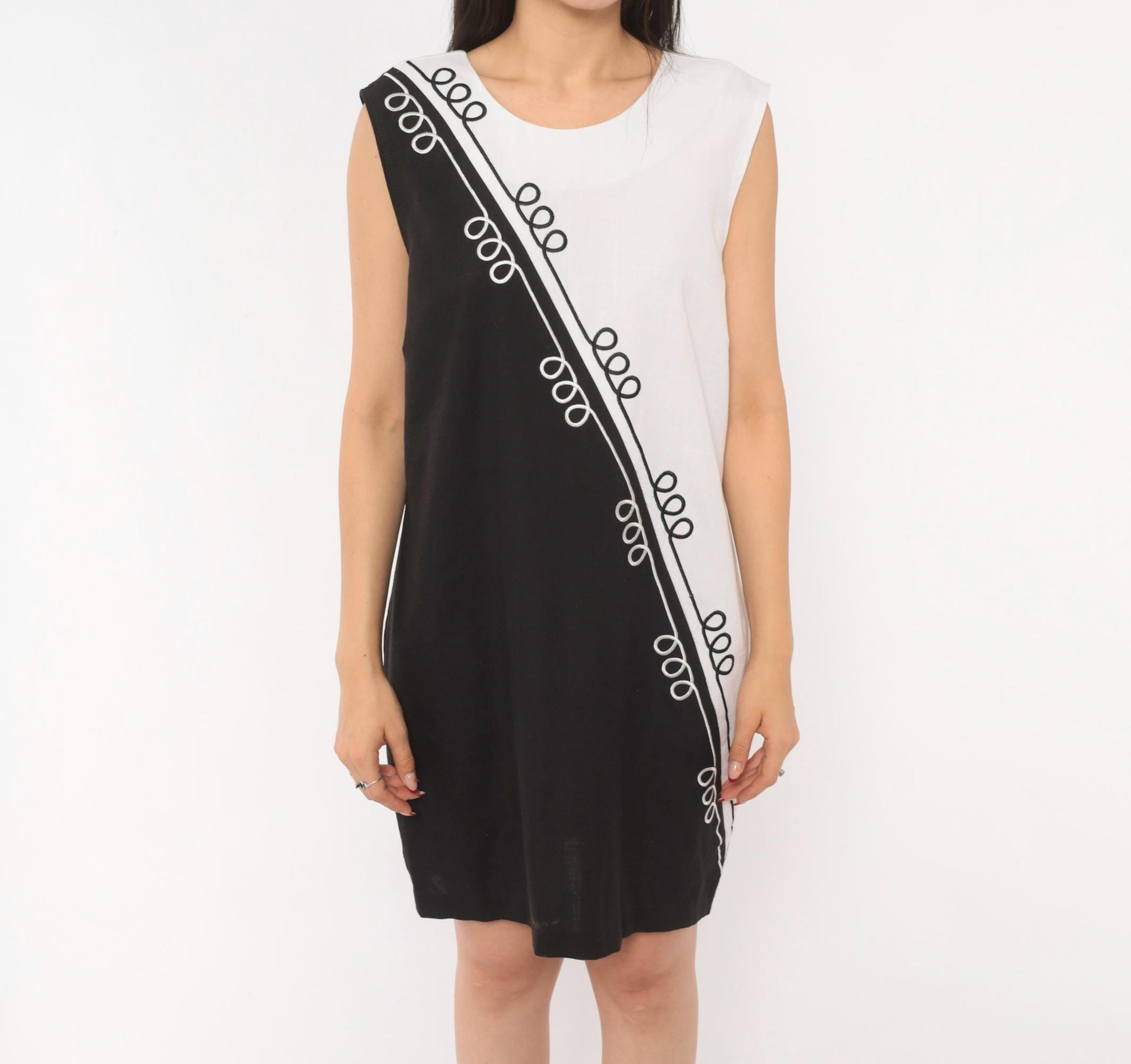 90s Sunshine Starshine Black White Colorblock Shift Dress Scoop Neck Large L