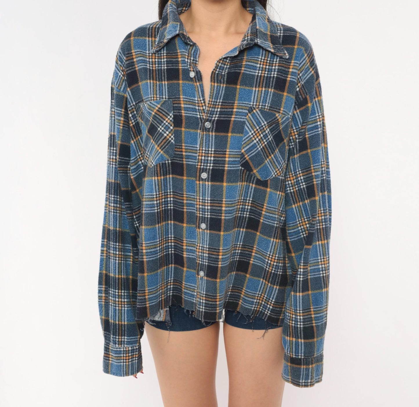 90s Montgomery Ward Flannel Shirt Blue Plaid Cotton Distressed Large L