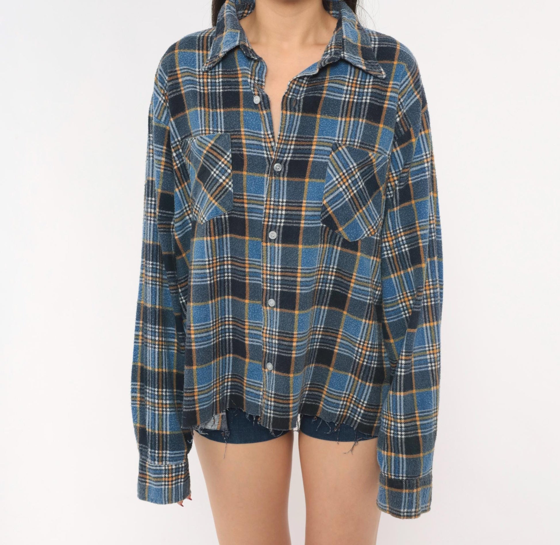 90s Montgomery Ward Flannel Shirt Blue Plaid Cotton Distressed Large L