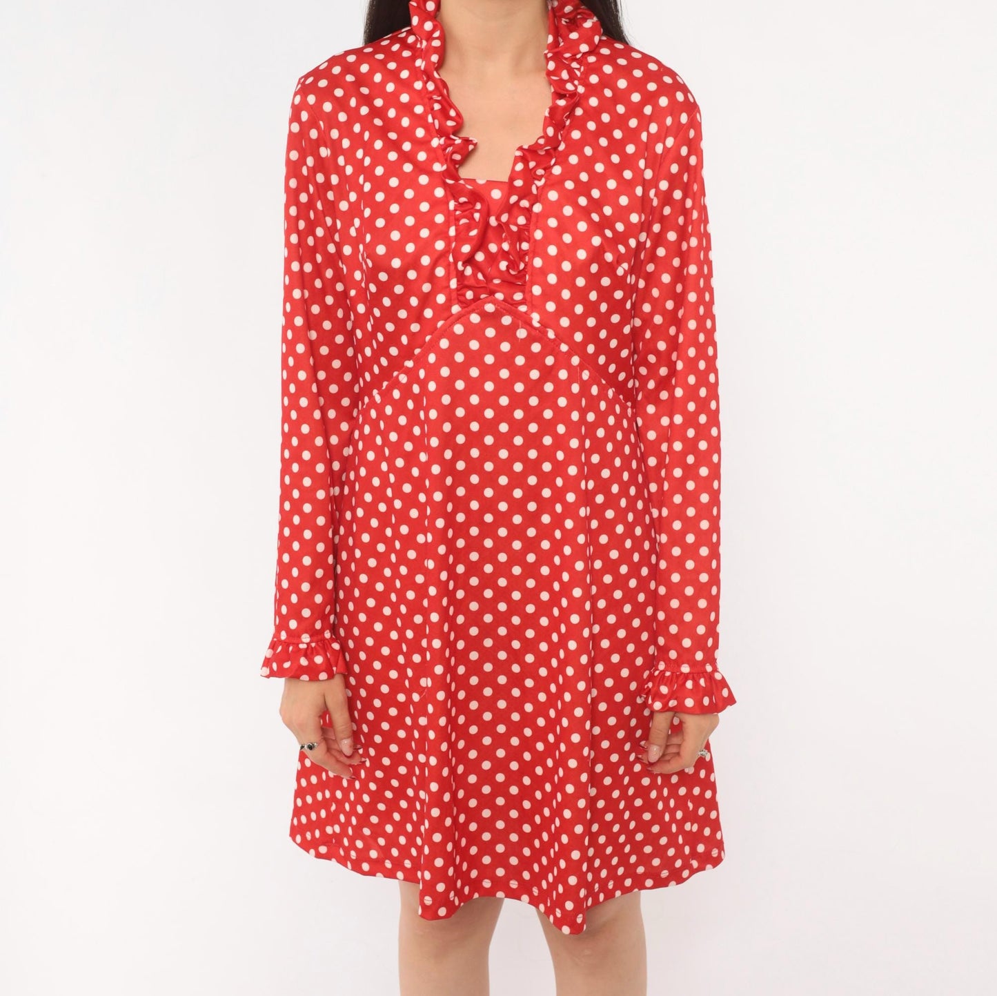70s Red White Polka Dot Dress Long Sleeve V Neck Ruffle A Line Large
