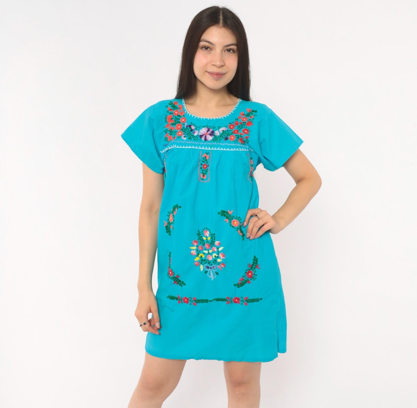 1970s Mexican Puebla Embroidered Cotton Dress Turquoise Floral Mini Extra Small