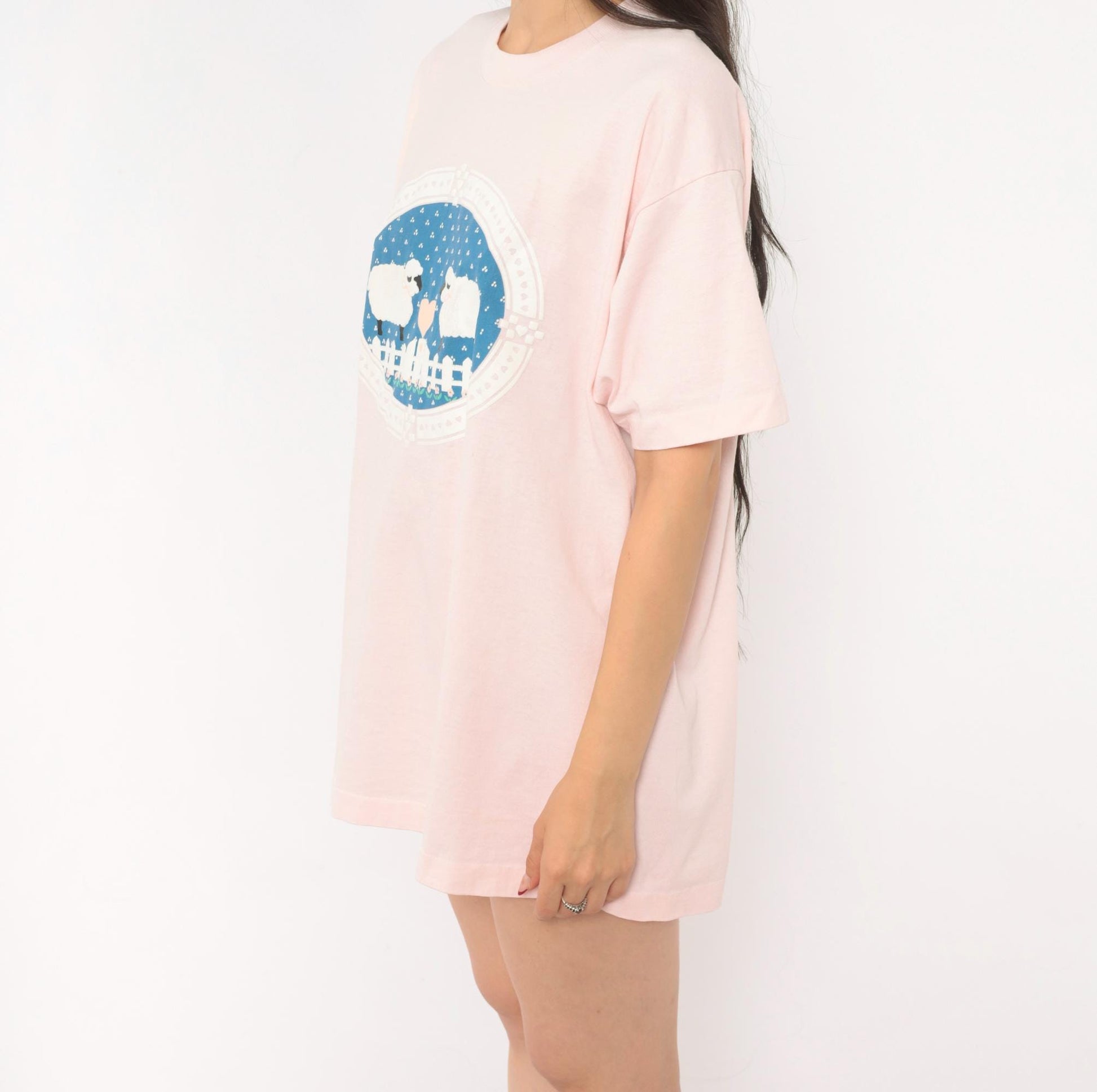 90s Screen Stars Sheep Heart Graphic Tee Pink Cotton Blush Print Extra Large XL