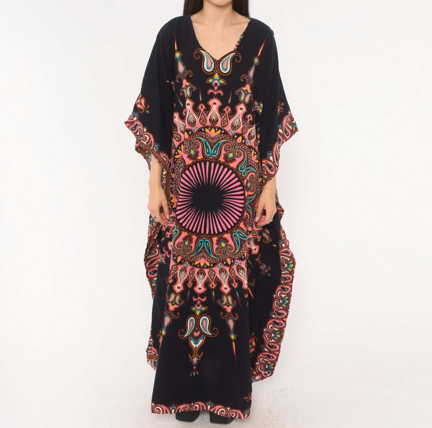 2000s Black Mandala Kaftan Paisley Print Pink V-Neck Bat Wing Maxi Dress One Size