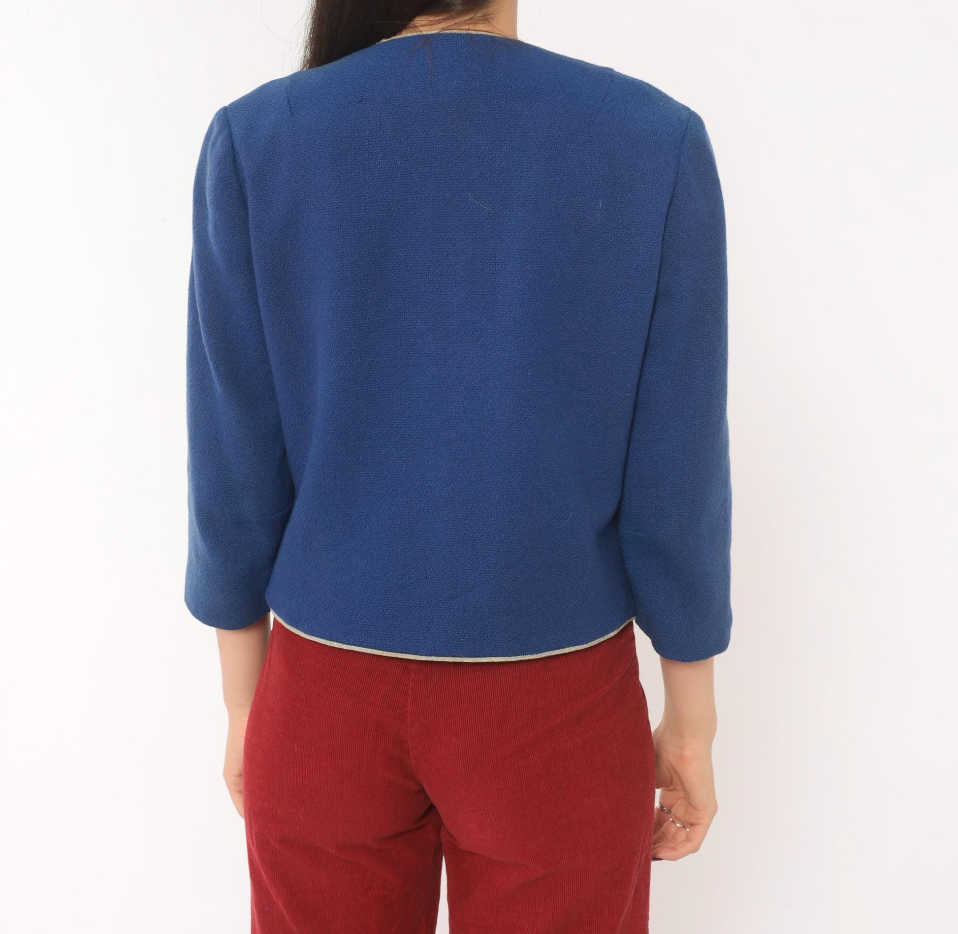 60s Cobalt Wool Blazer Cropped Jacket Cream Piping Three Quarter Sleeve Small S