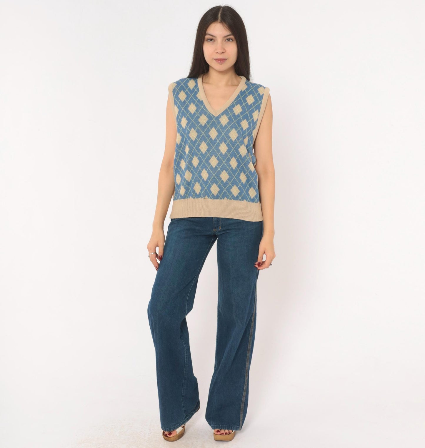 70s Pinnacle Argyle Knit Vest Blue Tan Diamond V-Neck Medium