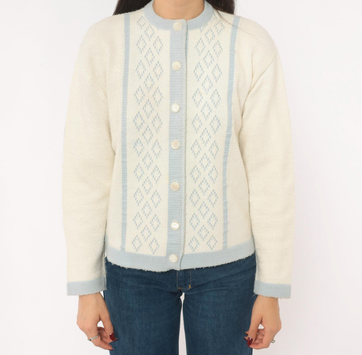 70s Mello Knit Cream Baby Blue Diamond Cardigan Button Front Medium