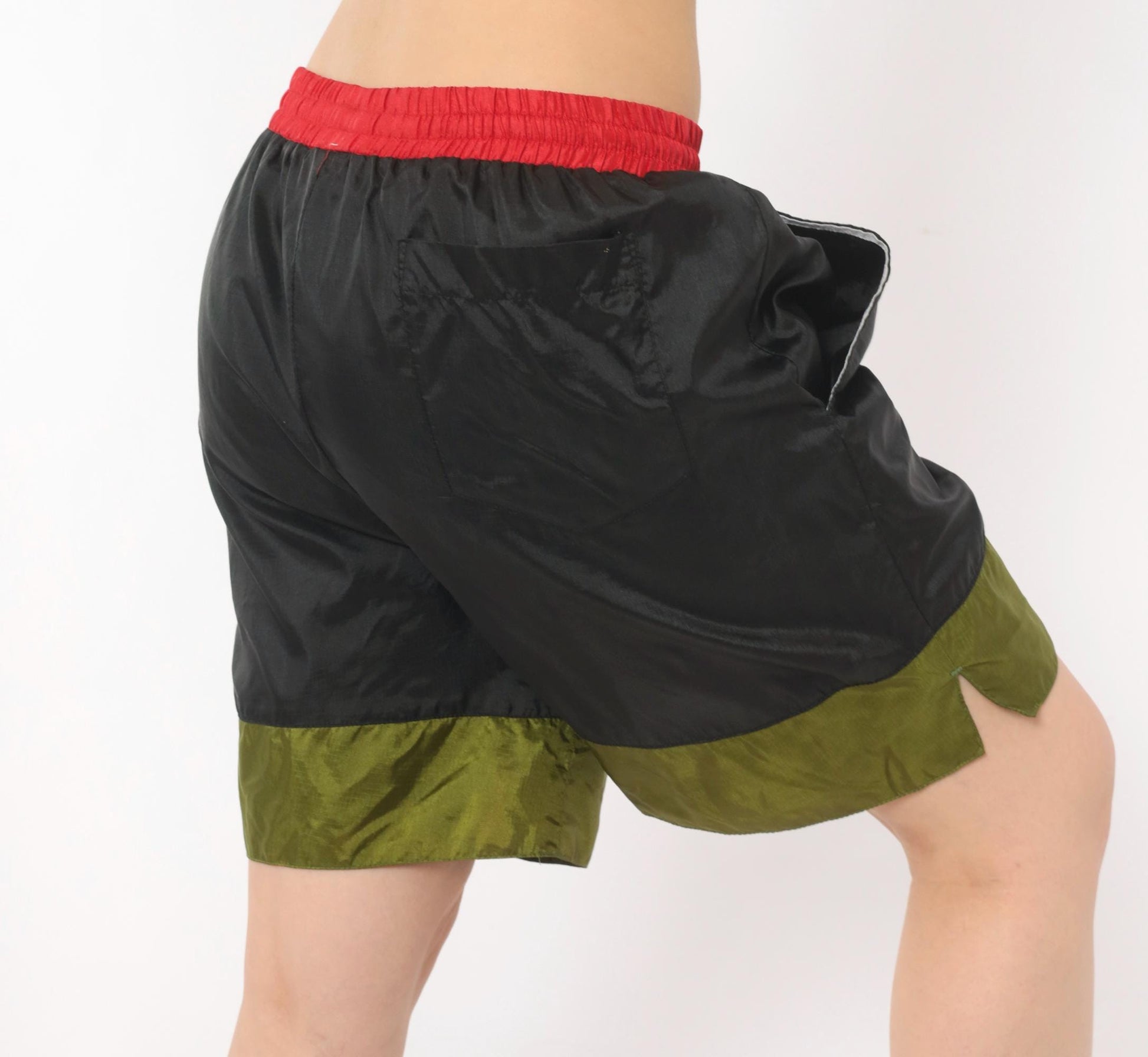 90s Nike Windbreaker Shorts Black Olive Red Color Block Medium M