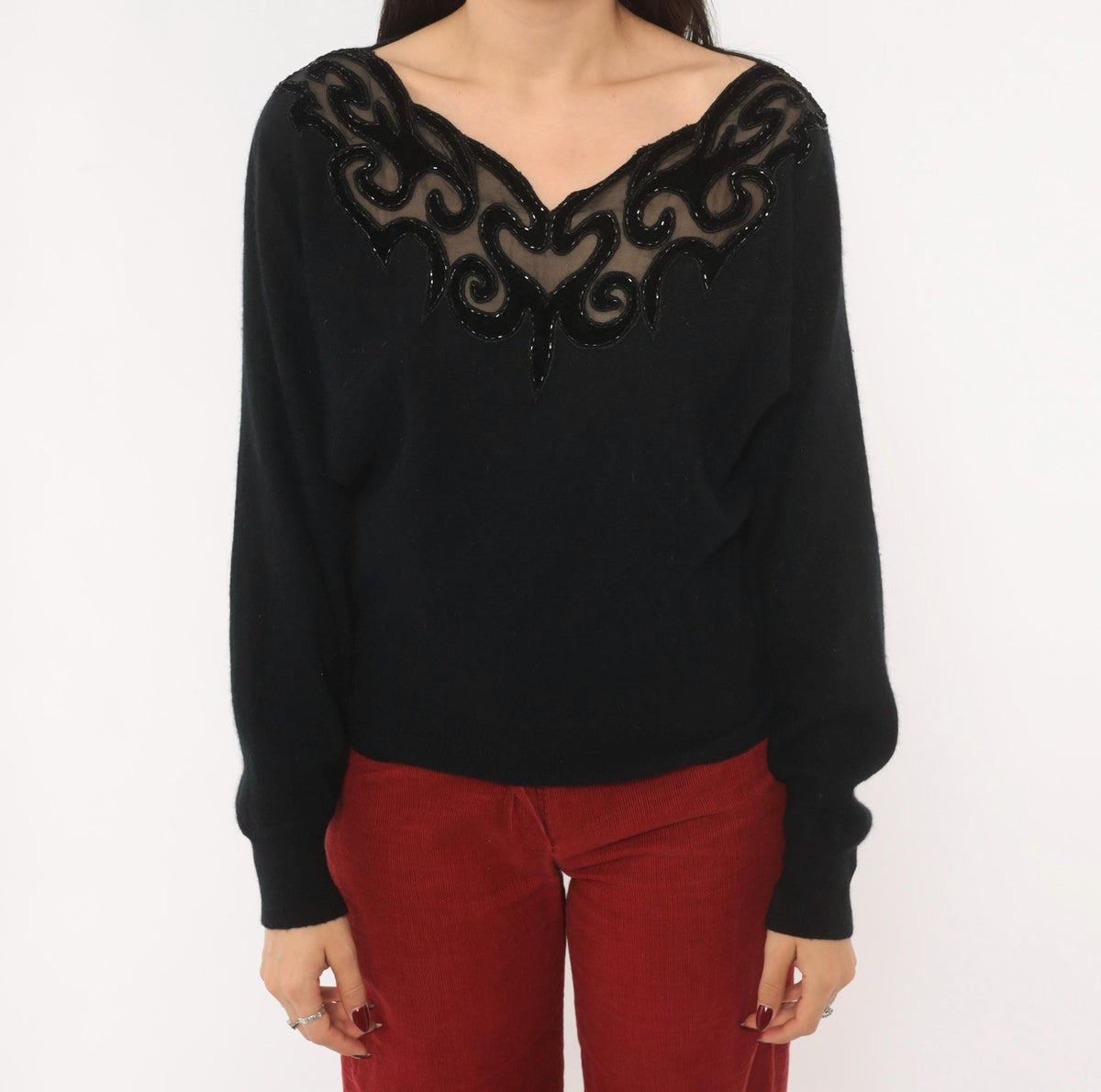 80s Sunbow 2 Black Beaded Mesh V-Neck Angora Pullover Dolman Sleeve Medium