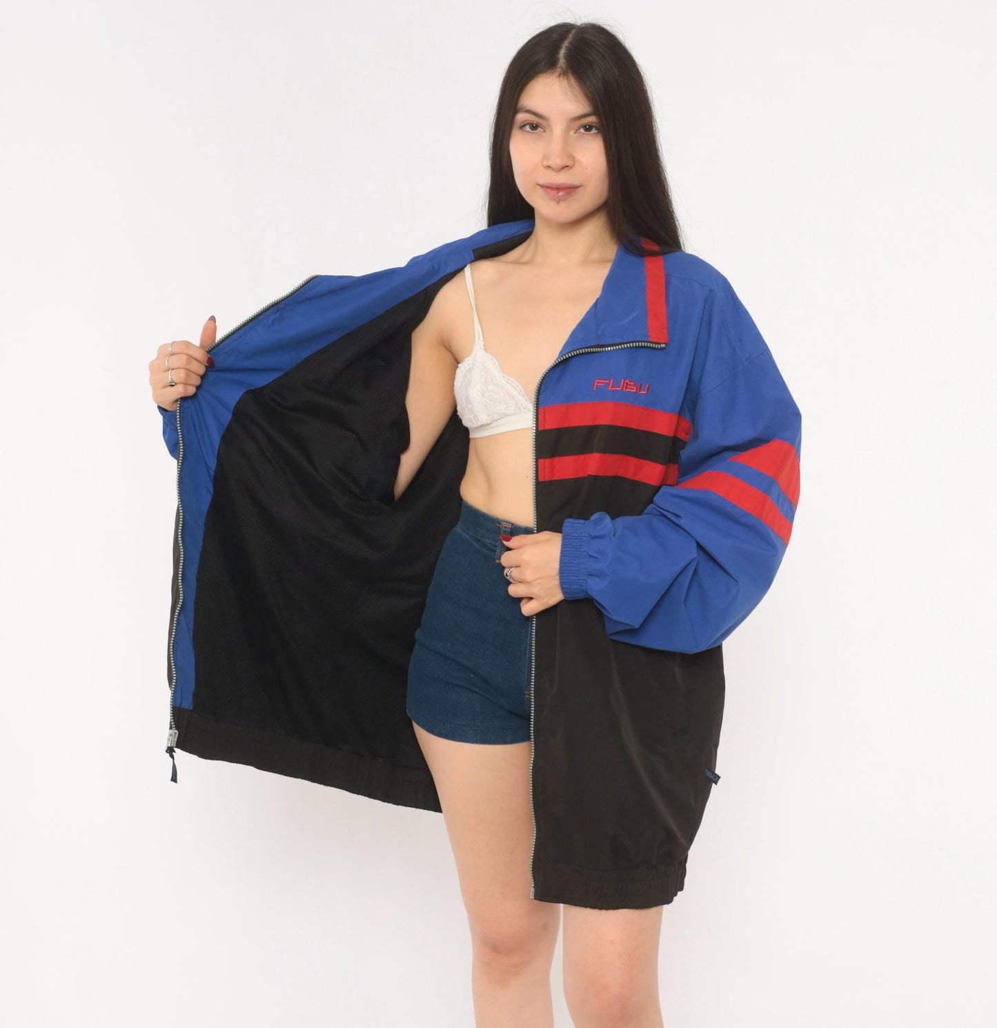 90s FUBU Sports Collection Windbreaker Royal Blue Black Red Colorblock Extra Large XL