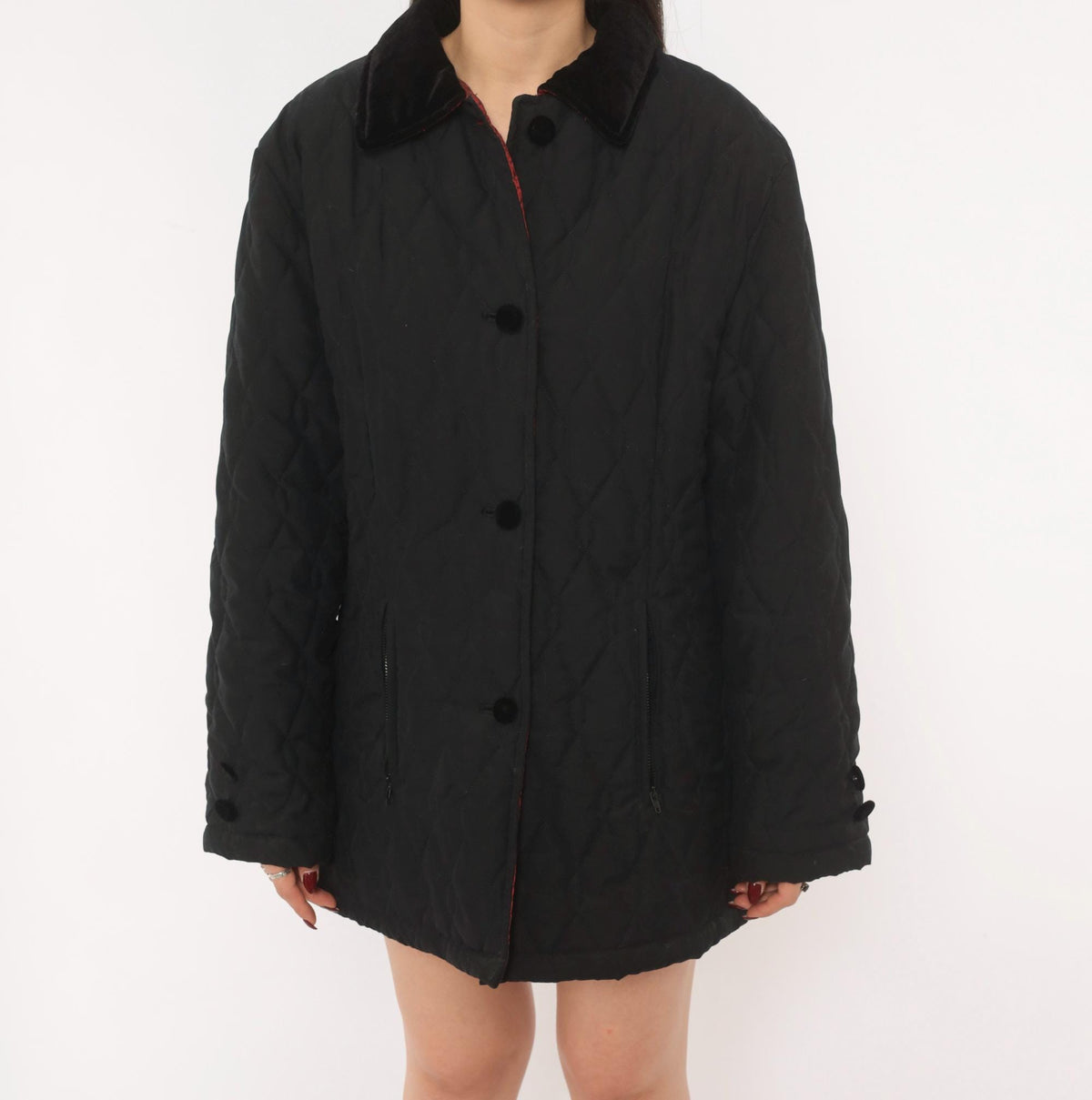 90s Halston Sport Black Quilted Jacket Diamond Stitch Velvet Collar Medium M