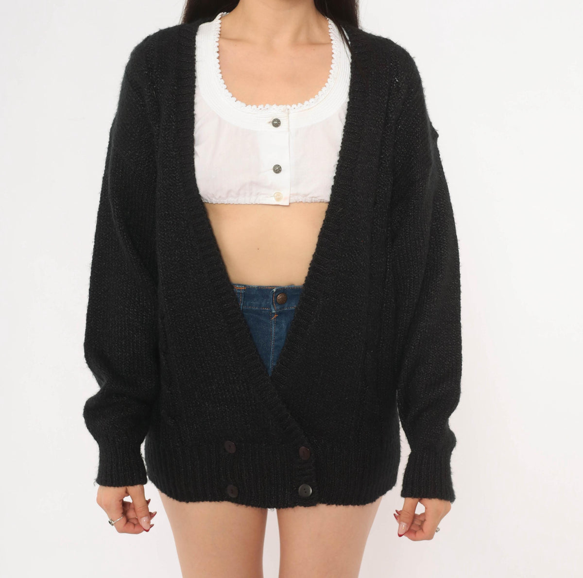 80s Black Double Breasted Cardigan Knit Sweater V Neck Medium M