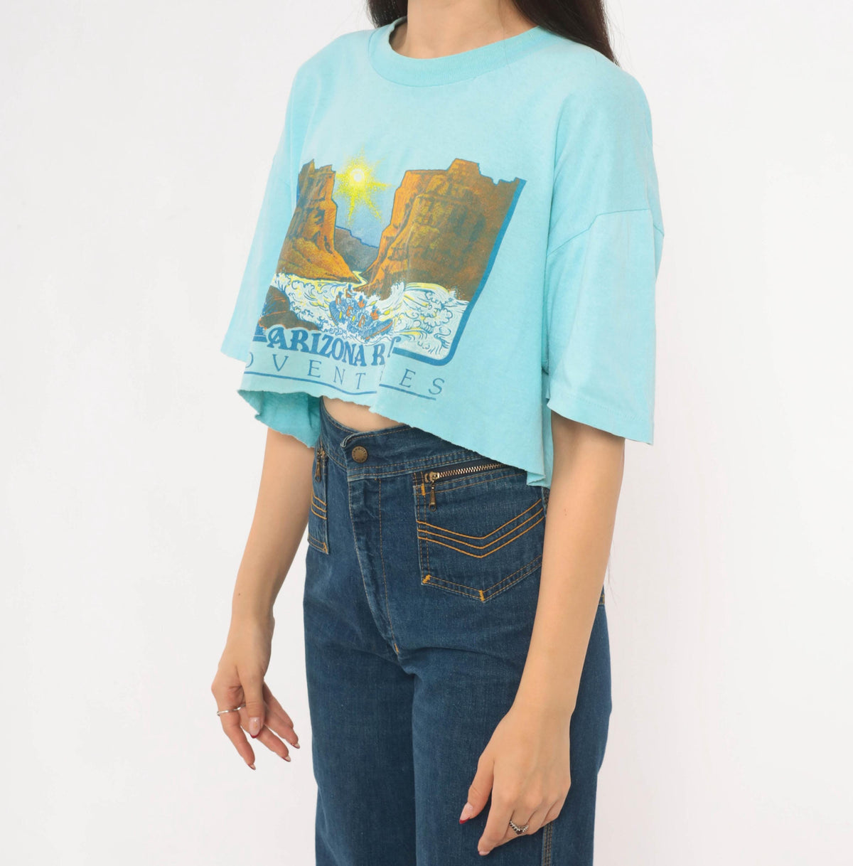 80s Arizona Raft Adventures Crop Top Light Blue Cotton Tee Stedman Medium