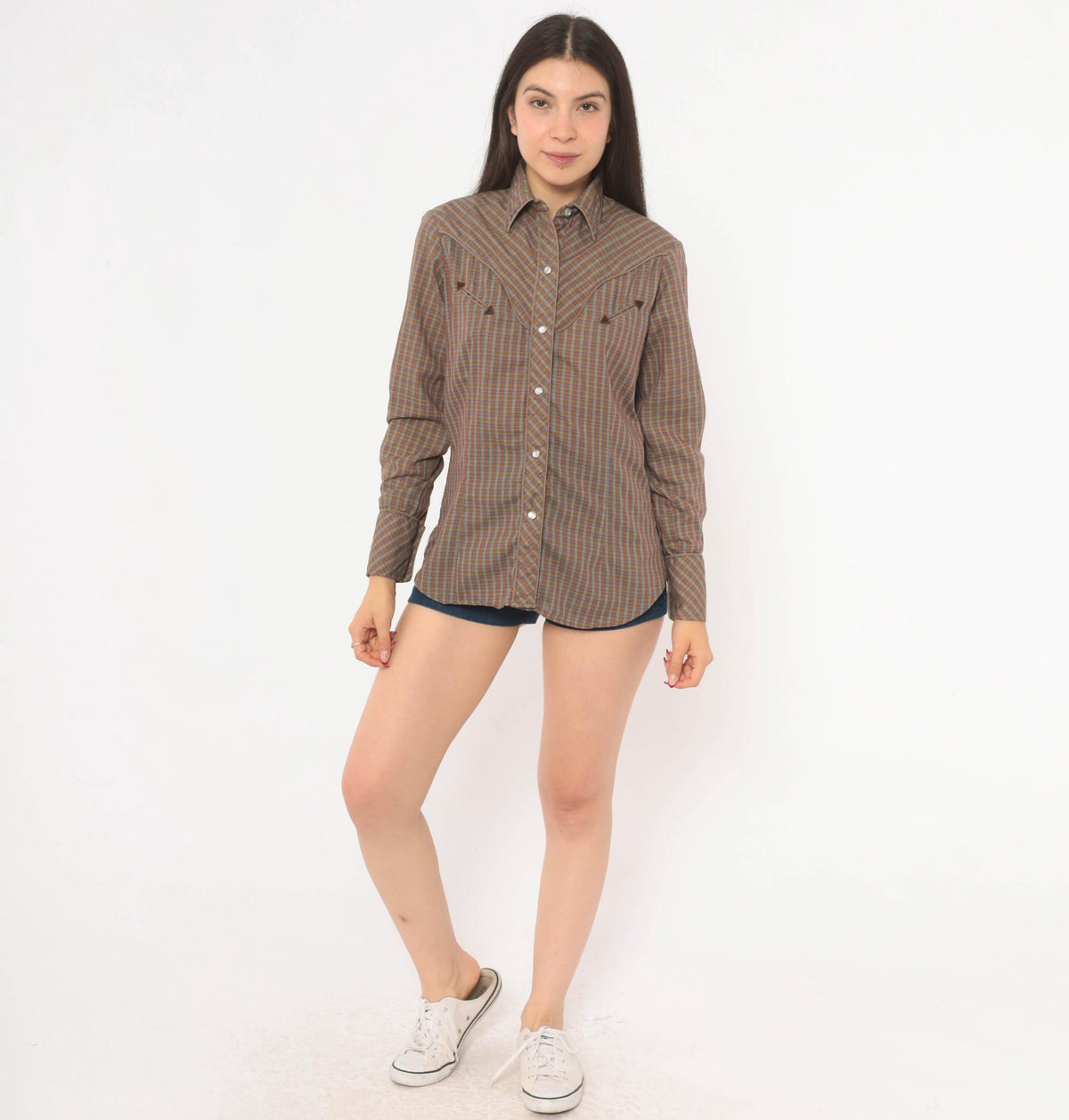 70s Western Plaid Shirt Pearl Snap Brown Blue Check Cotton Yoke Medium M