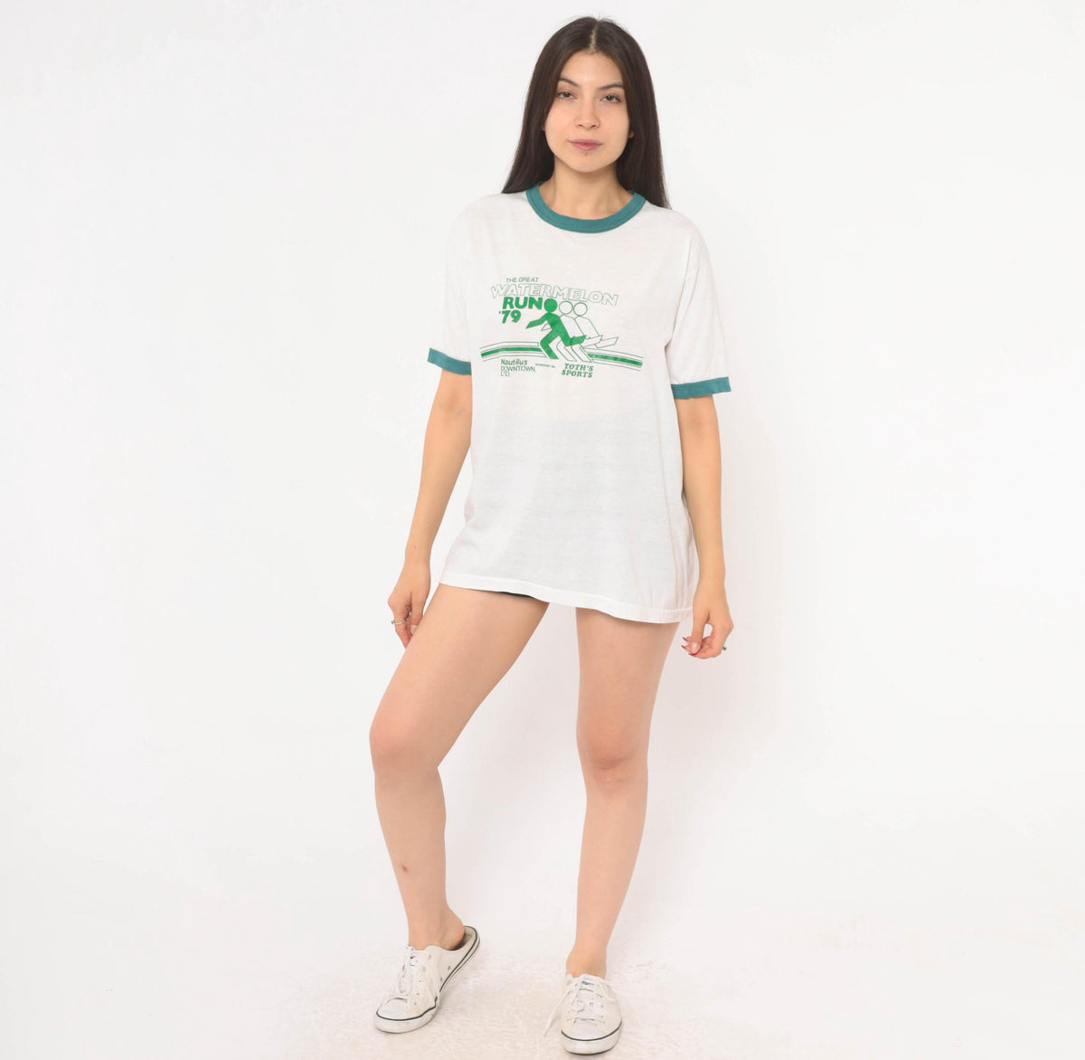 70s Watermelon Run Ringer Tee White Green Graphic Race Event Large L