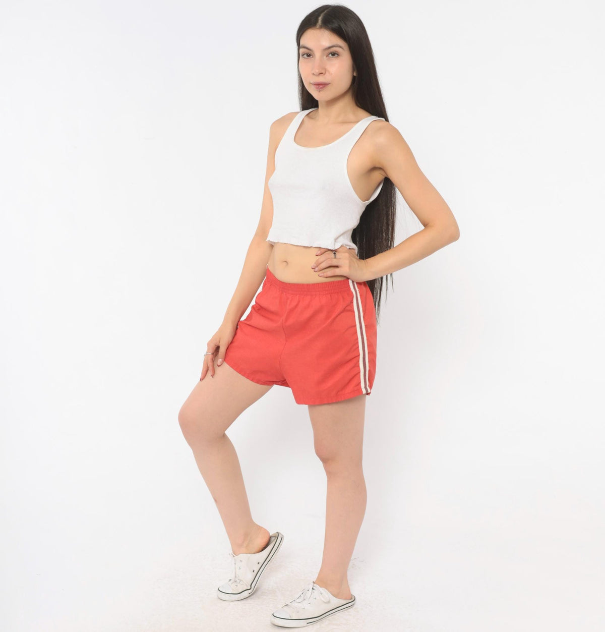 80s Red Athletic Running Shorts Cotton Side Stripe White Trim Extra Small XS