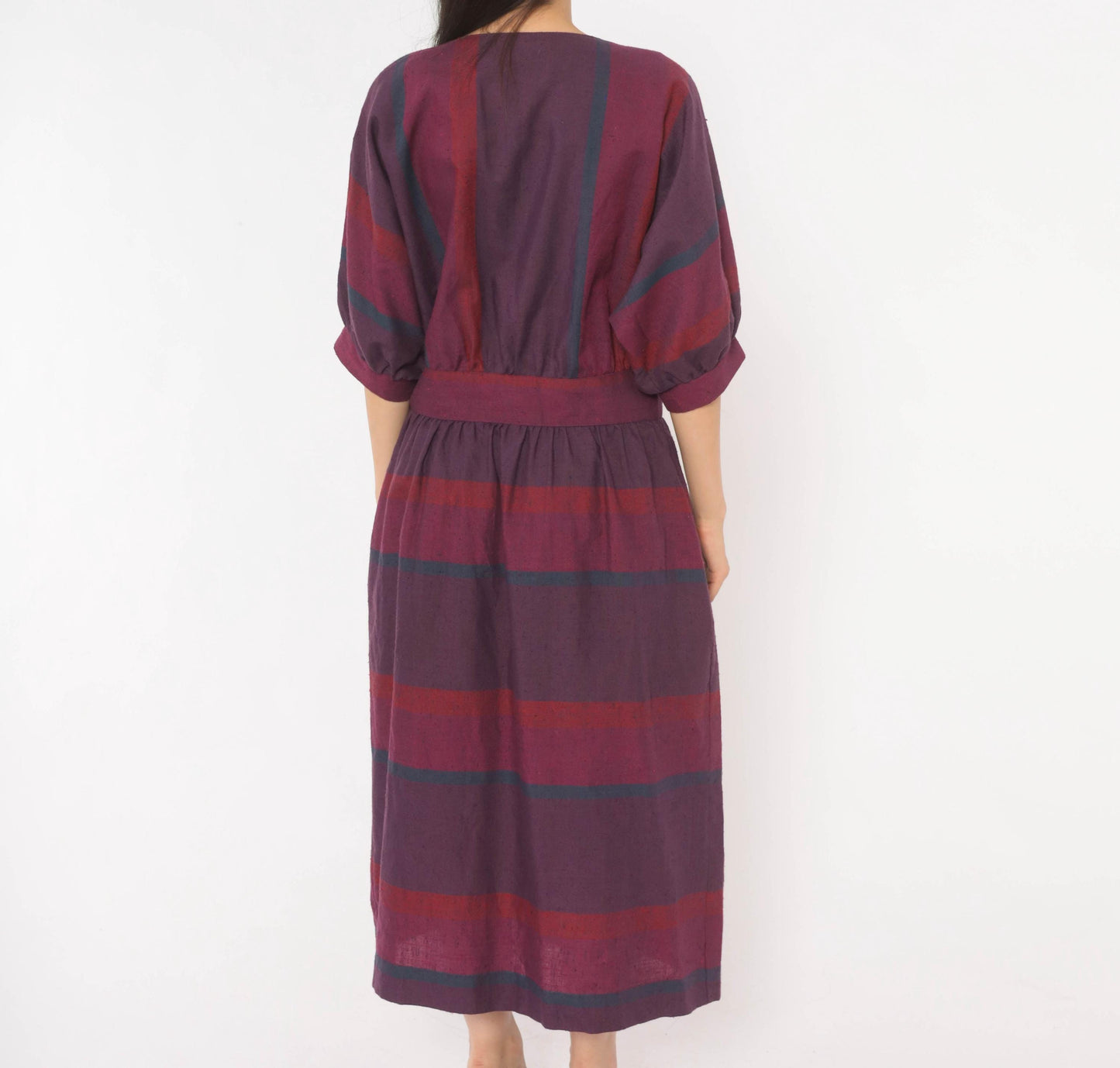 80s David Warren Plaid Midi Dress Purple Burgundy Puff Sleeve Cotton Large L