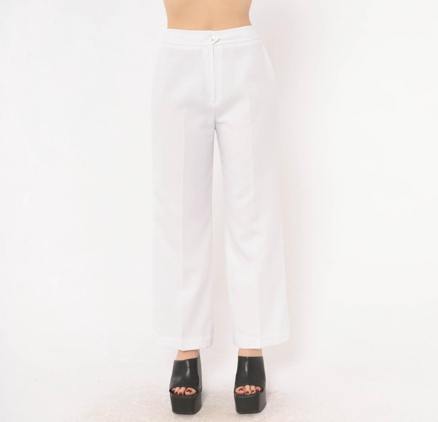 70s White Wide Leg High Rise Trousers Ivory Straight Pressed Crease Small