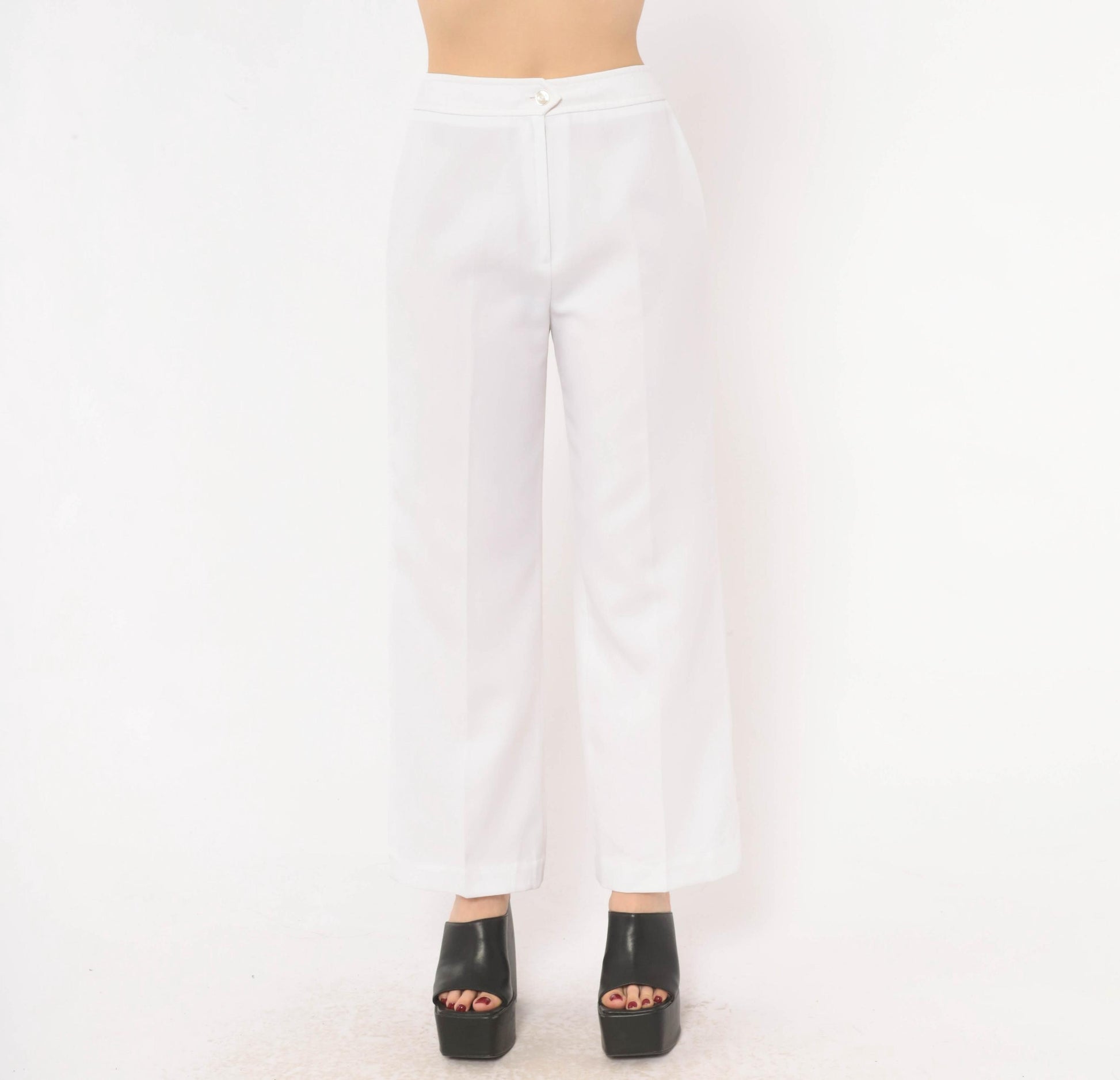 70s White Wide Leg High Rise Trousers Ivory Straight Pressed Crease Small