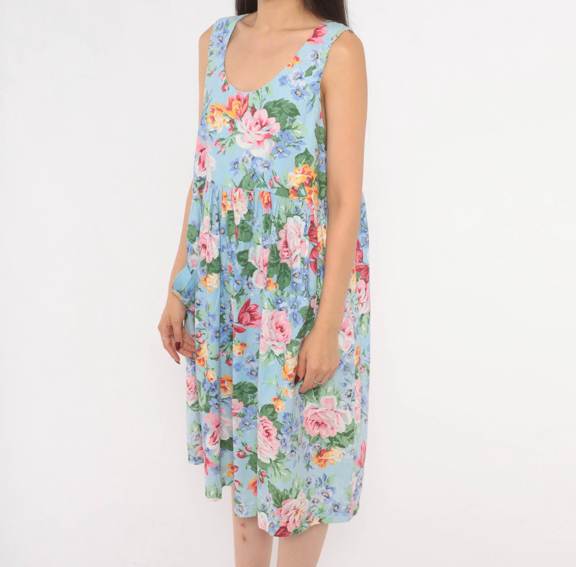 80s Sky Blue Floral Sundress Rose Print Scoop Neck Gathered Waist Medium