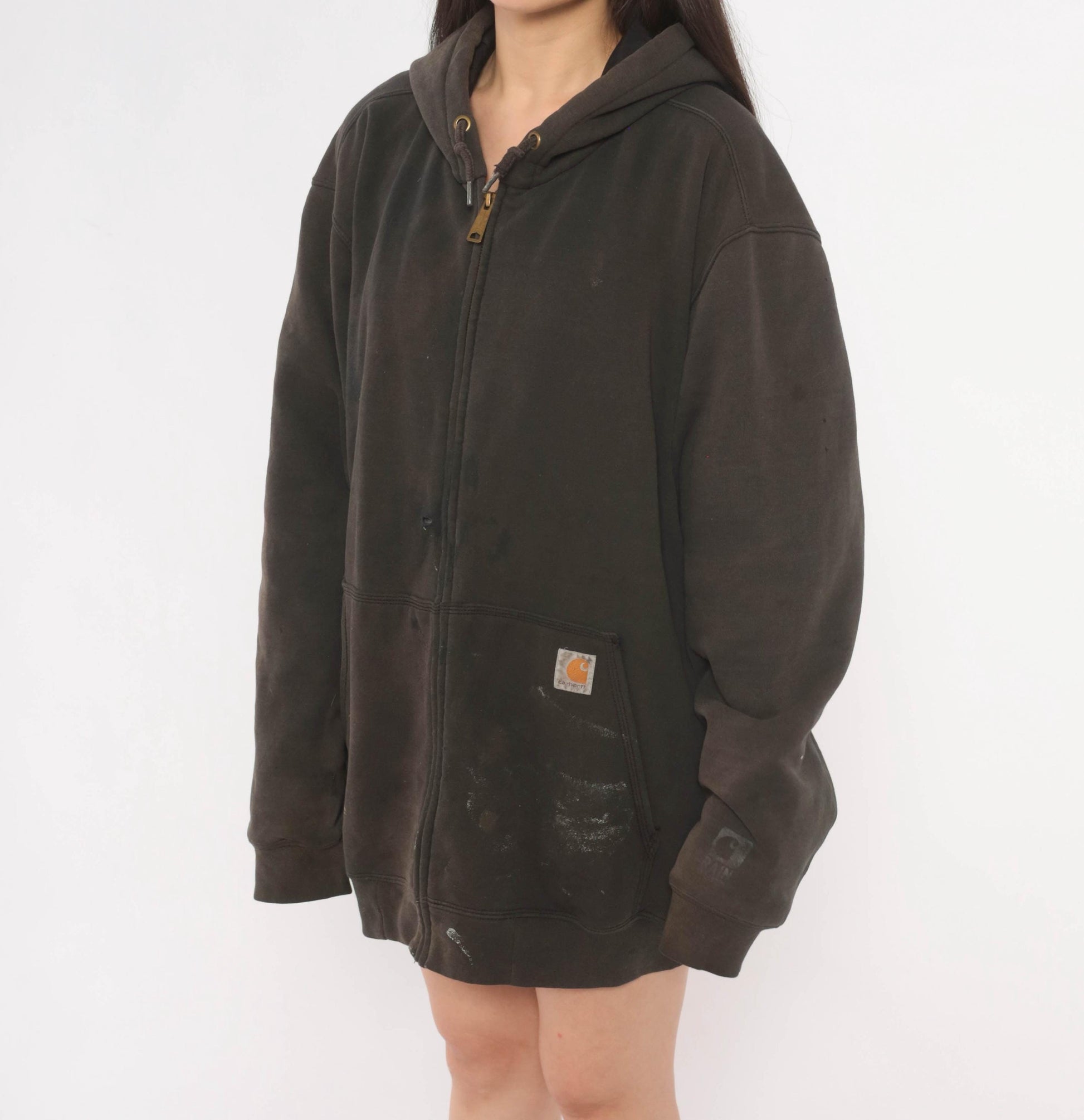 Y2K Carhartt Full Zip Hooded Sweatshirt Dark Brown Distressed XL